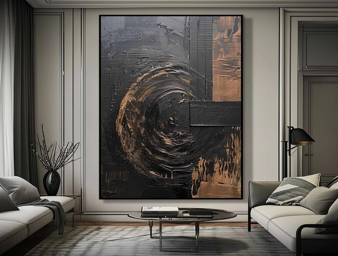 Modern 3D Effect Abstract Oil Painting | Black Theme Large Living Room Decor Artk #TC 024