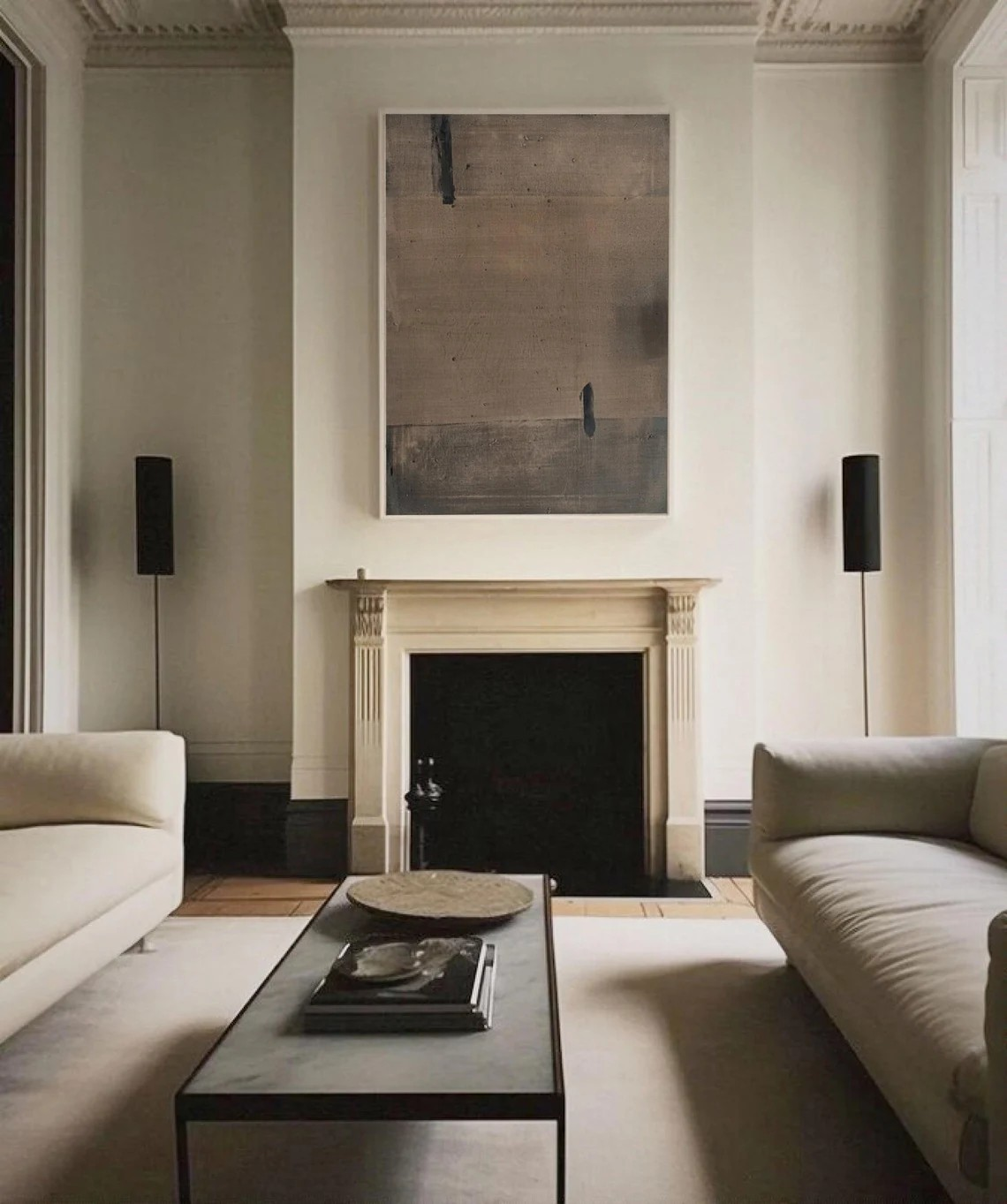 Minimalist Brown Abstract Oil Painting with Black Marks Wall Art#TC 040