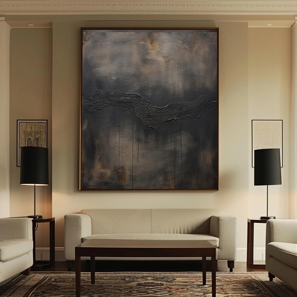 Large Abstract Black and Gray Oil Painting with Textured Flow Design #TC 016