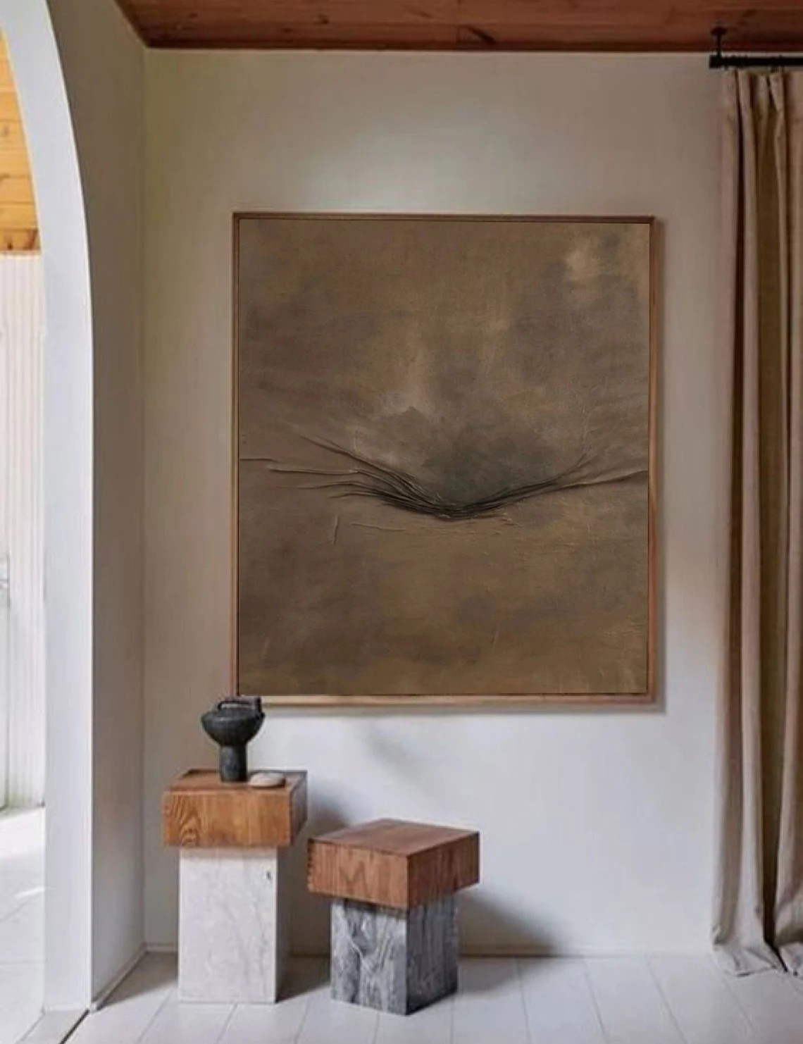 Minimalist Brown Abstract Oil Painting with Textured Center Wall Art #TC 034