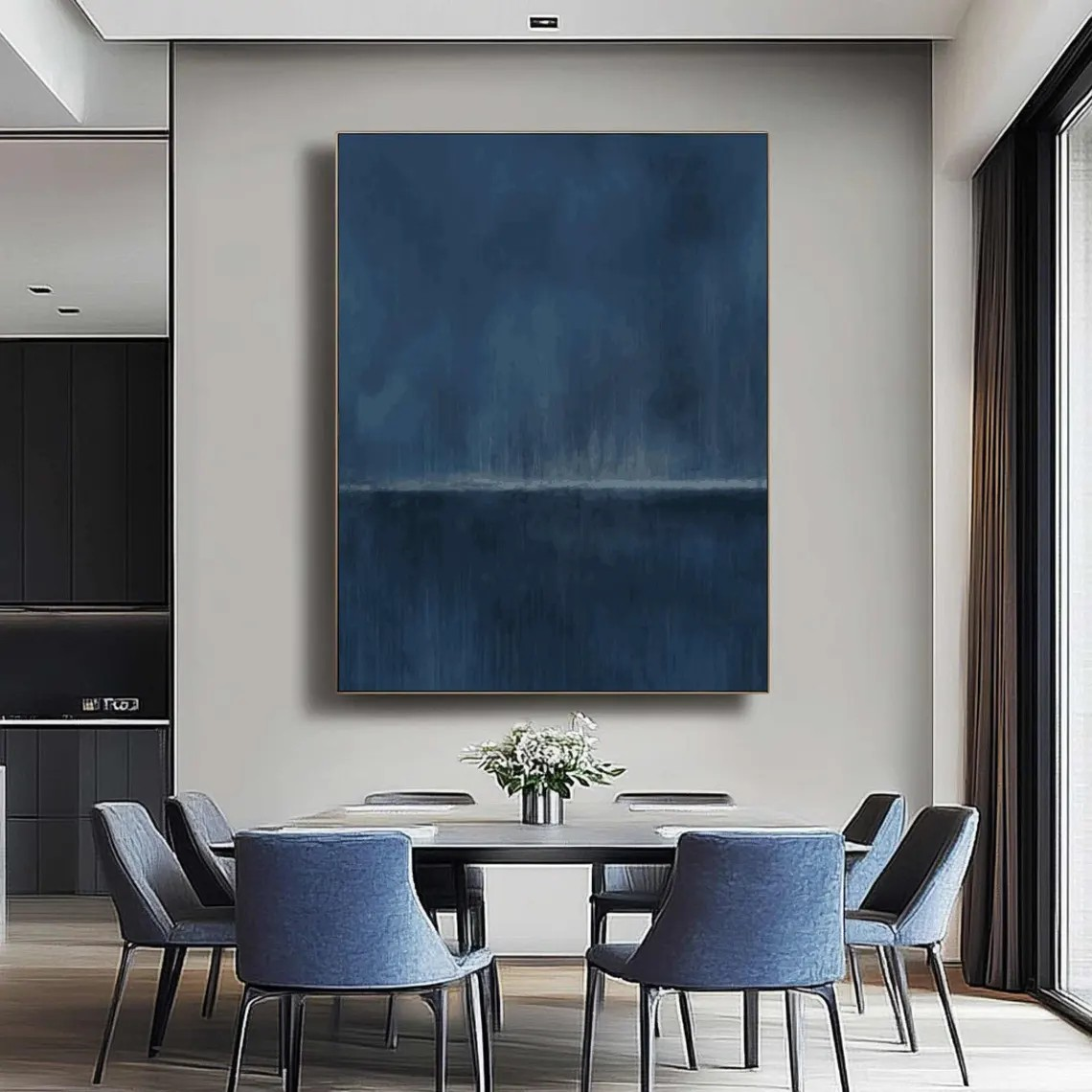Large Abstract Oil Painting - Deep Blue Minimalist Modern Wall Art #TC 011