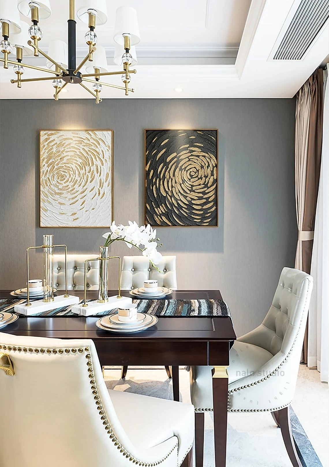 Gold Swirl Textured Abstract Diptych - Black & White Art #JJ 047