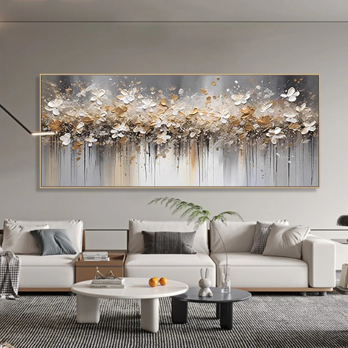 Textured Floral Abstract Oil Art - Gold Beige with Dripping #JJ 021