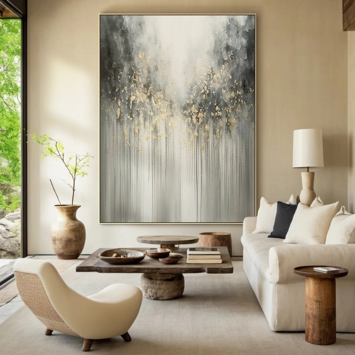 Large Abstract Nature Painting | Grey, Black, Gold Forest Art #TC 064