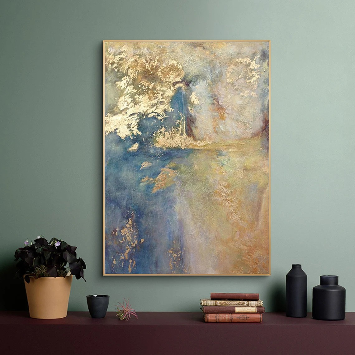 Ethereal Blue and Gold Abstract Oil Painting for Home Decor #TC 027