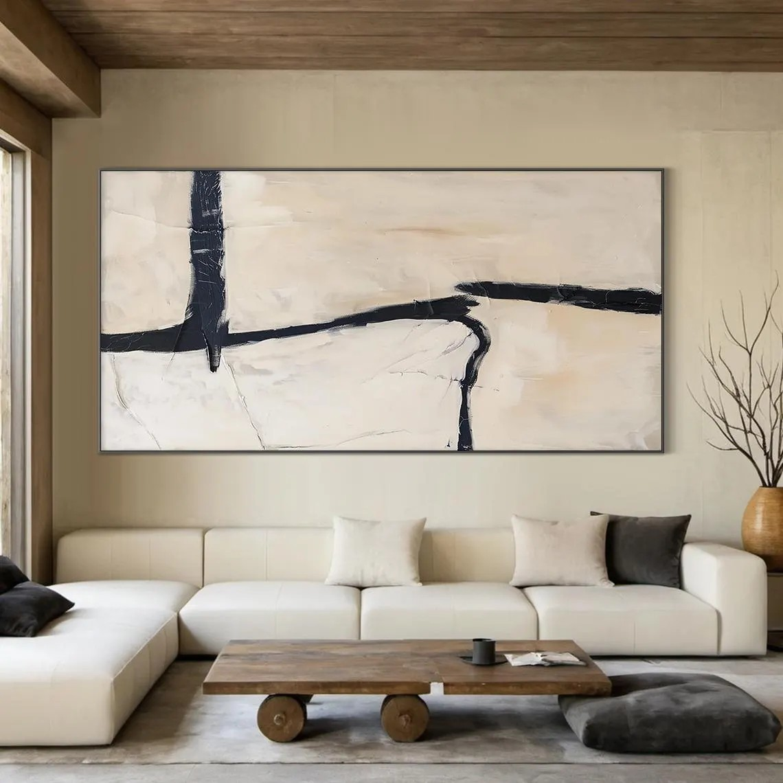 Minimalist Abstract Oil Painting | Beige and Black Wall Art Decor