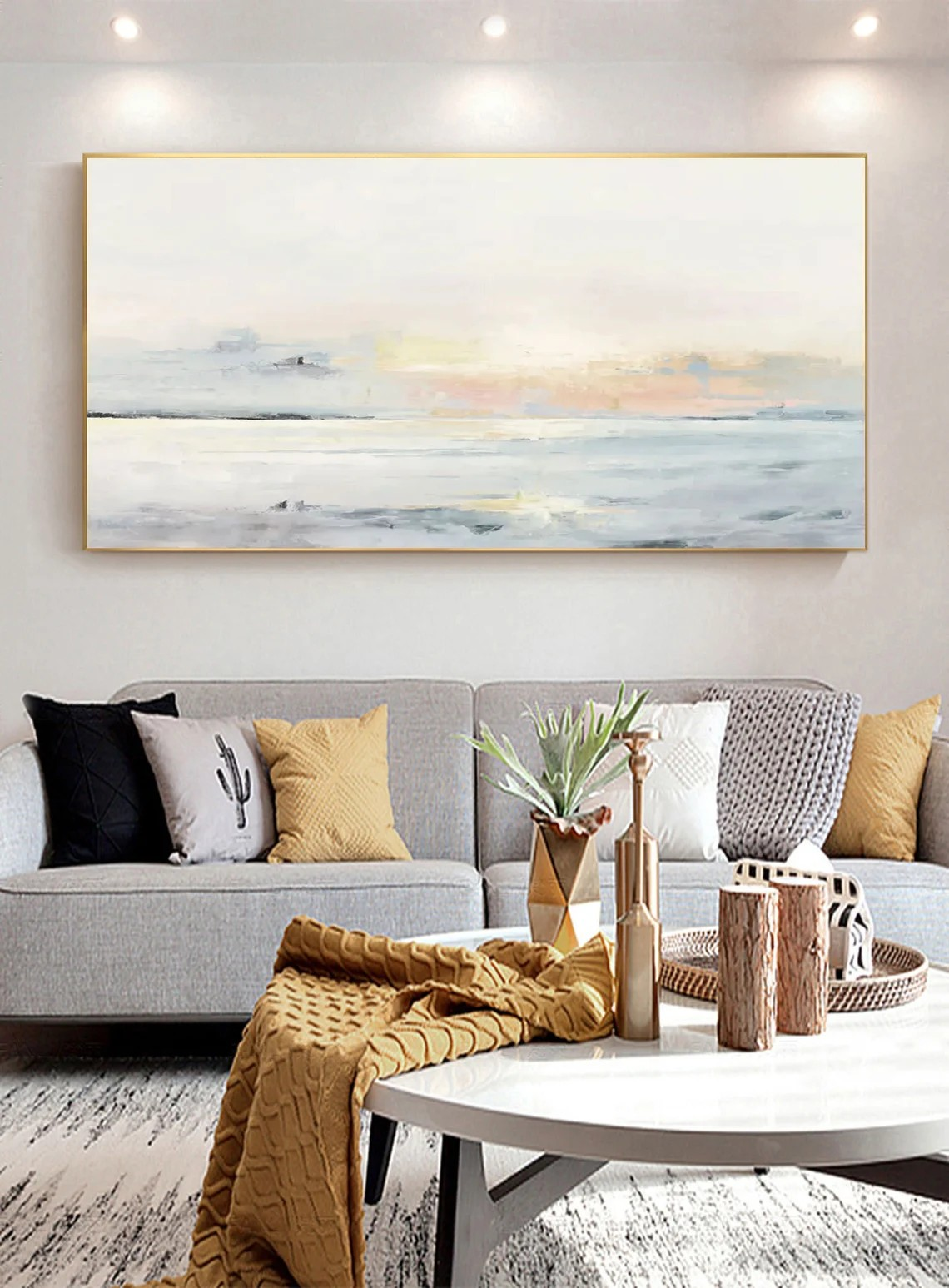 Pastel Seascape Oil Painting - Tranquil Ocean & Sky Wall Art #JJ 003