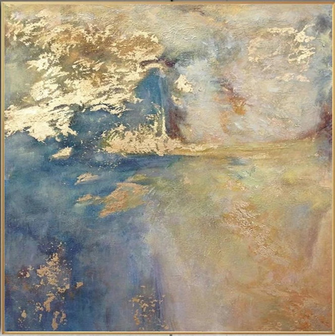 Modern Canvas Wall Art - Textured Blue Gold Abstract Painting #TC 050