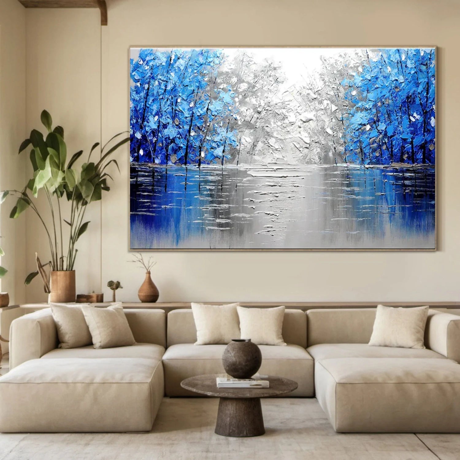 Abstract Lake and Blue Forest Impression - Winter Tree Canvas Art #JJ 323