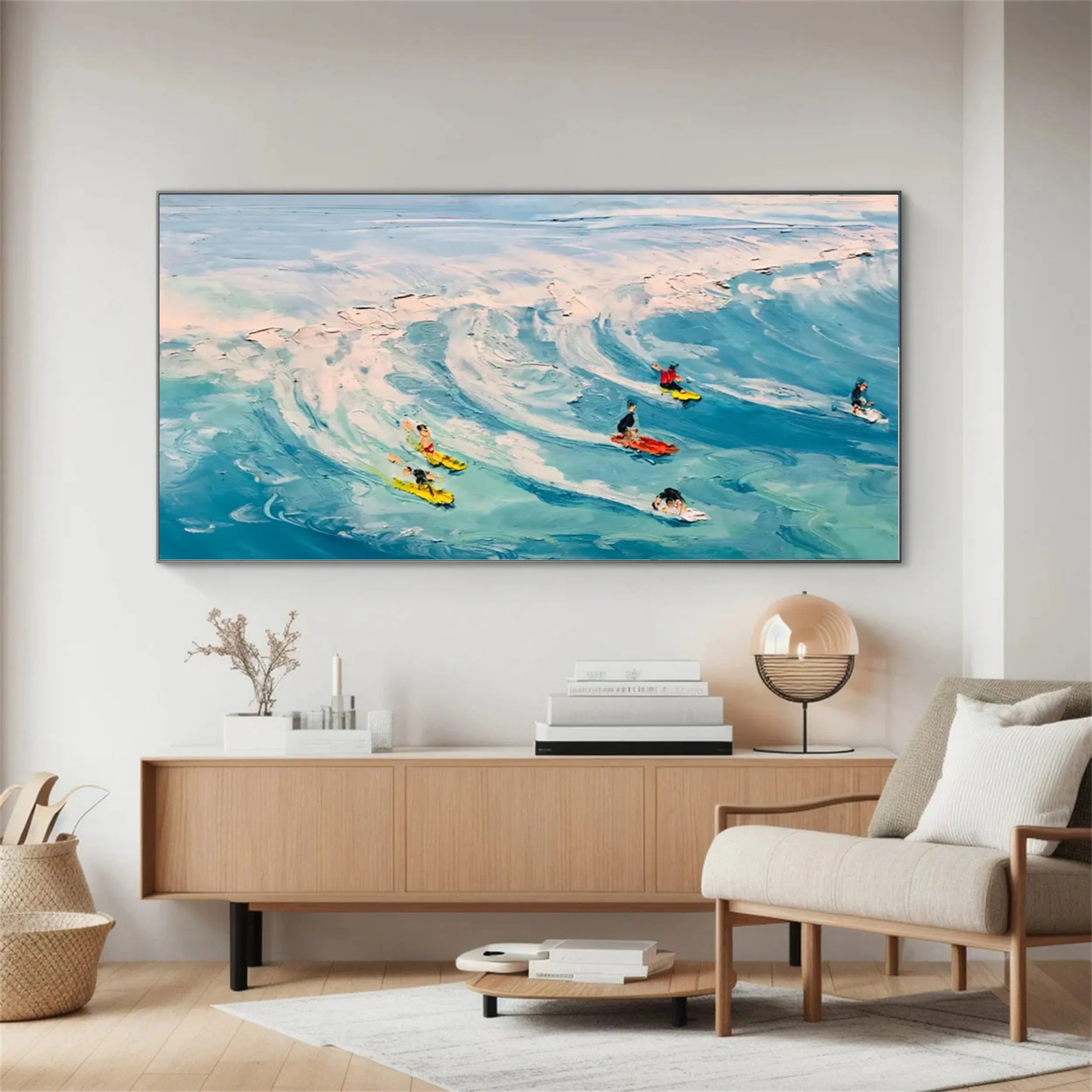Light Blue Beige Textured Seascape Oil Painting - Modern Wall Art