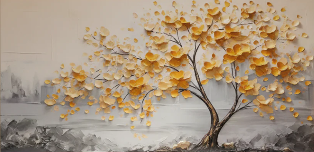 3D Textured Tree of Life Oil Painting Hand Painted Gold Floral Wall Art #AA 470