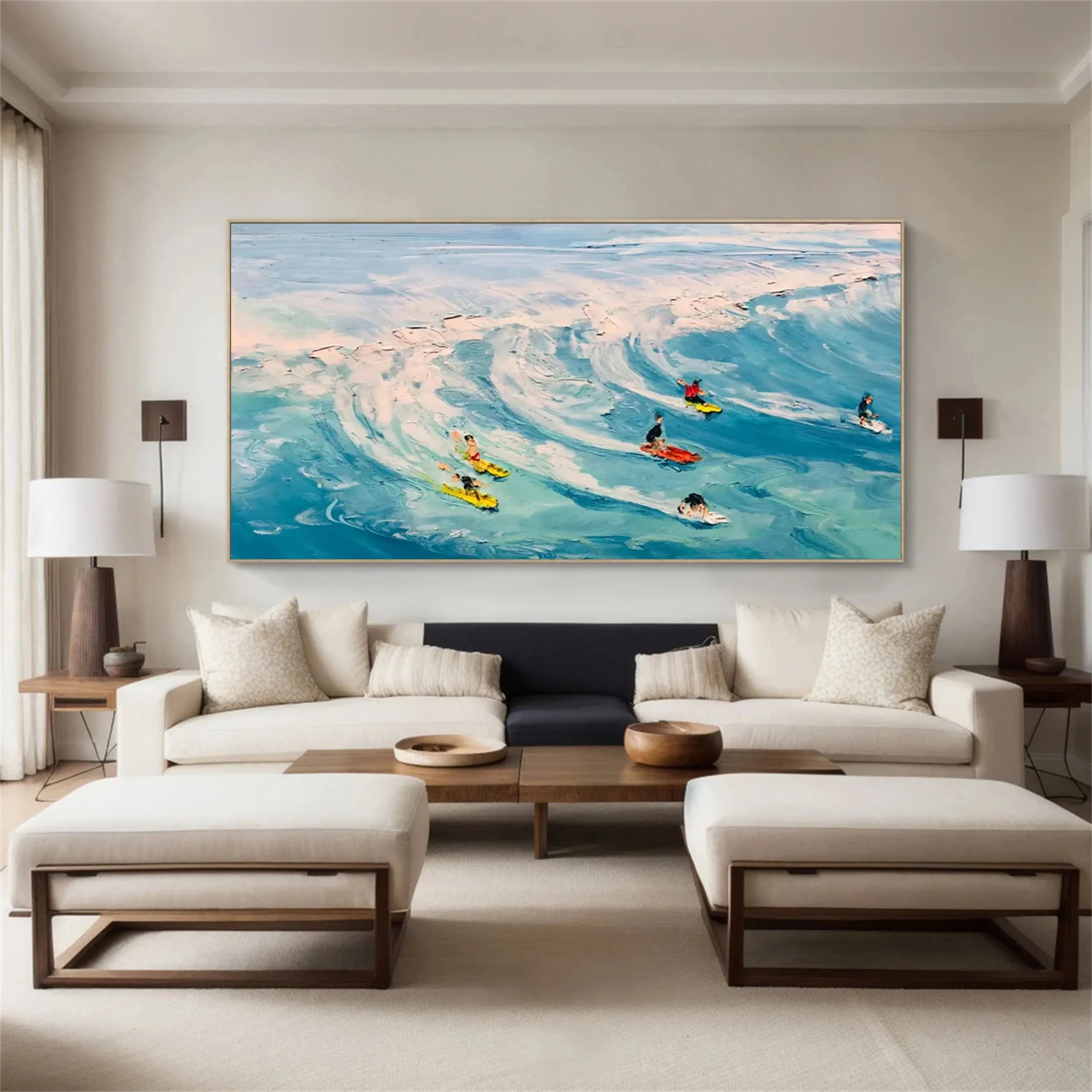 Textured Seascape Oil Painting - Light Blue Beige Art Deco #JJ 190