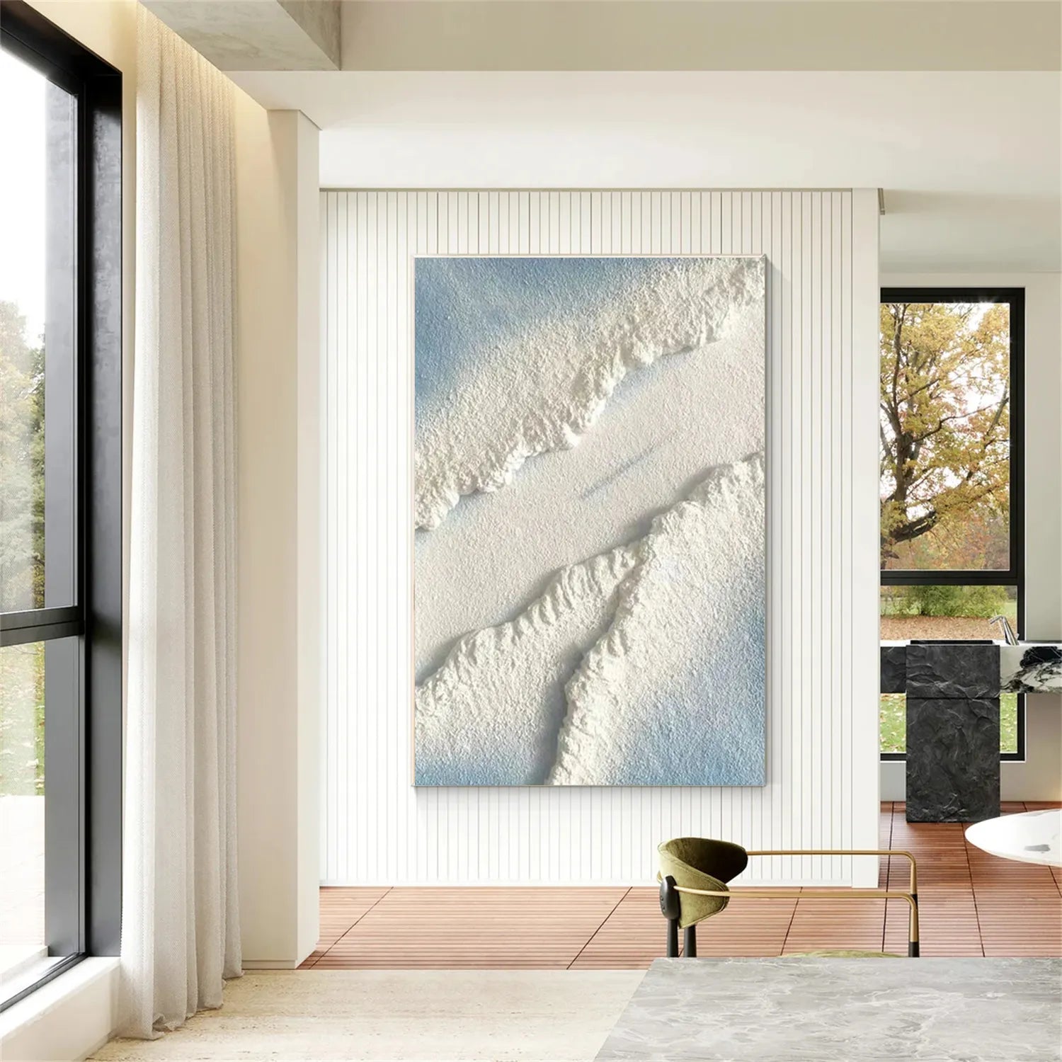 Blue and White Textured Beach Abstract Oil Painting - Modern Serene Art # JJ 125