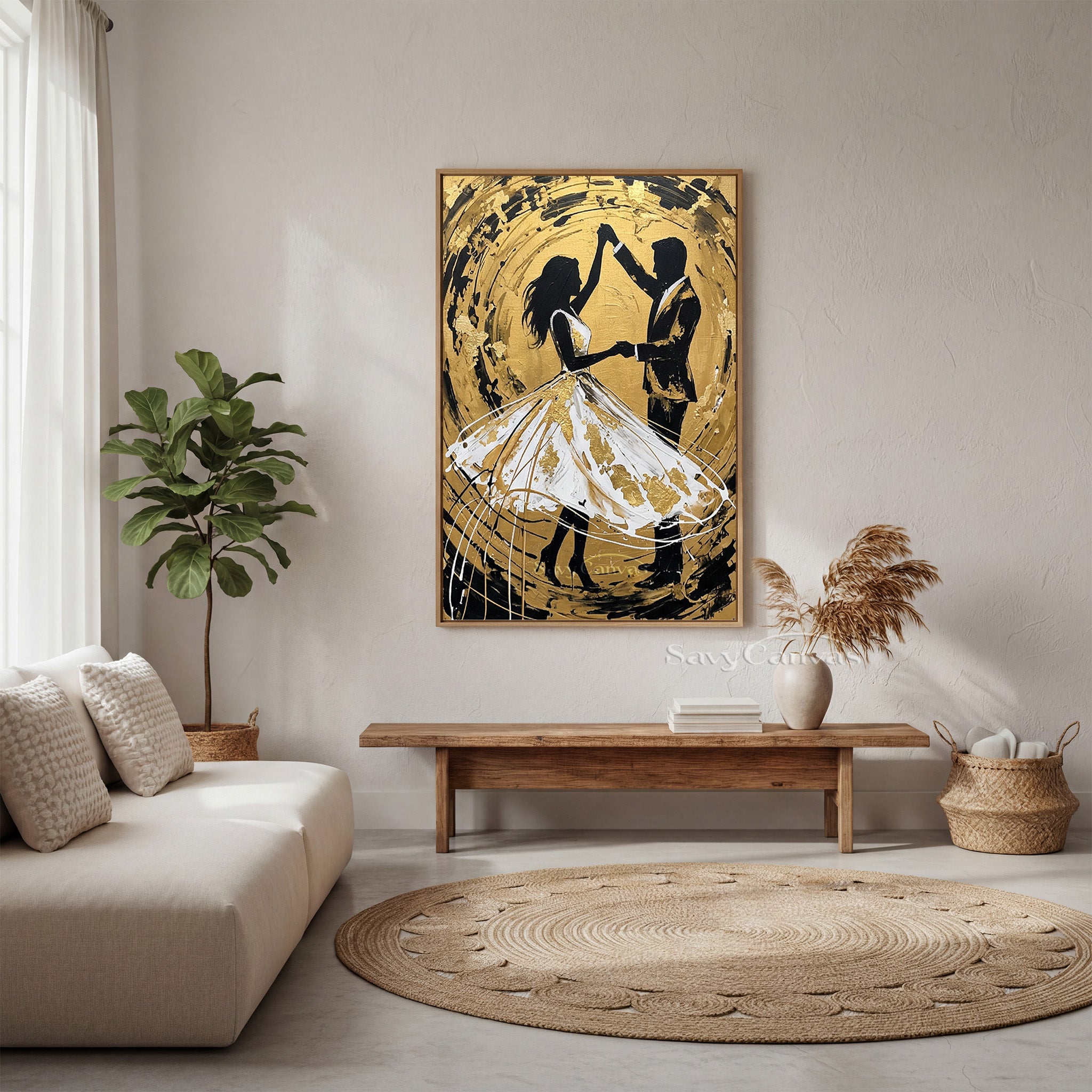 Gold Leaf Dancing Couple Oil Painting | Modern Romantic Wall Art #SS 091