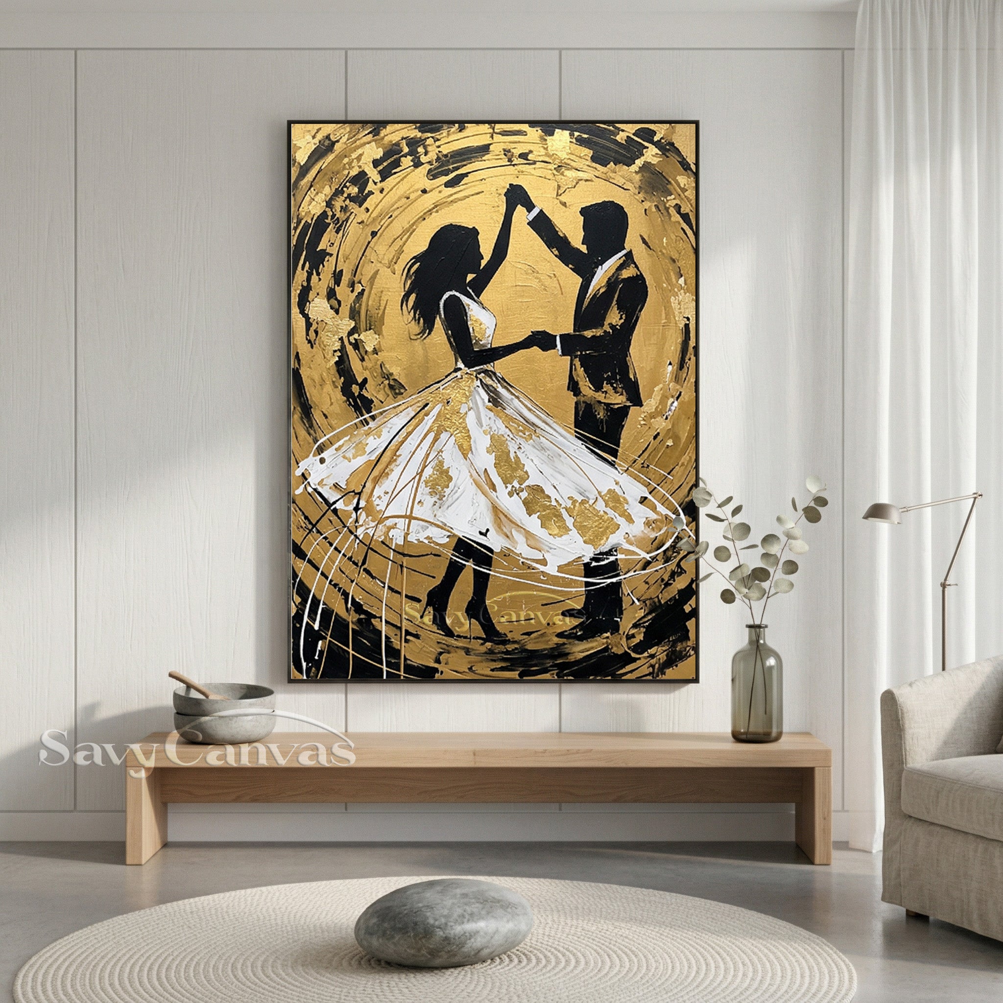 Gold Leaf Dancing Couple Oil Painting | Modern Romantic Wall Art #SS 091