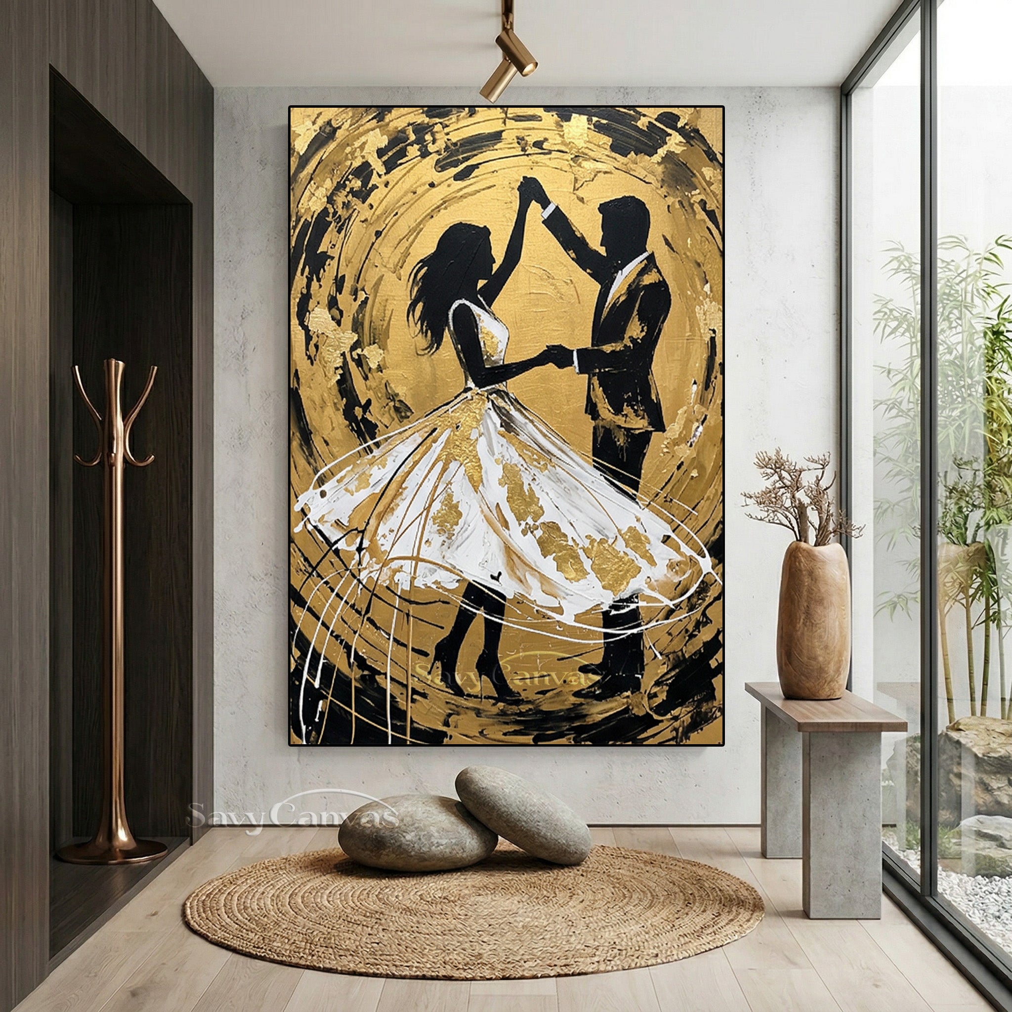 Gold Leaf Dancing Couple Oil Painting | Modern Romantic Wall Art #SS 091
