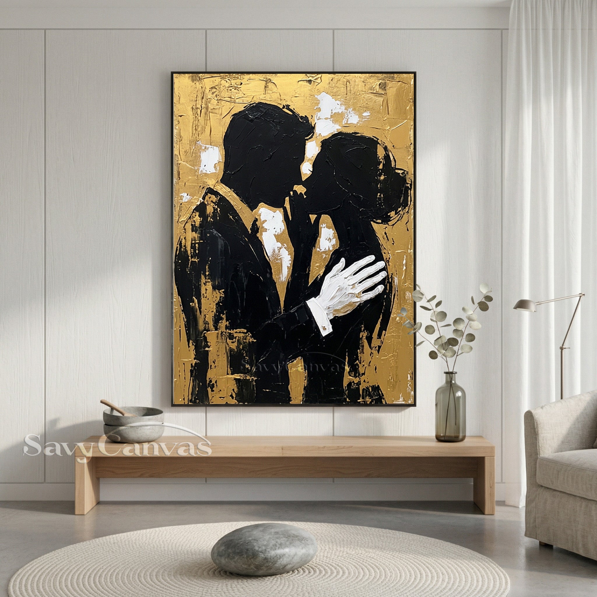 Luxury Gold Leaf Couple Silhouette Oil Painting | Handmade Wall Art #SS 092
