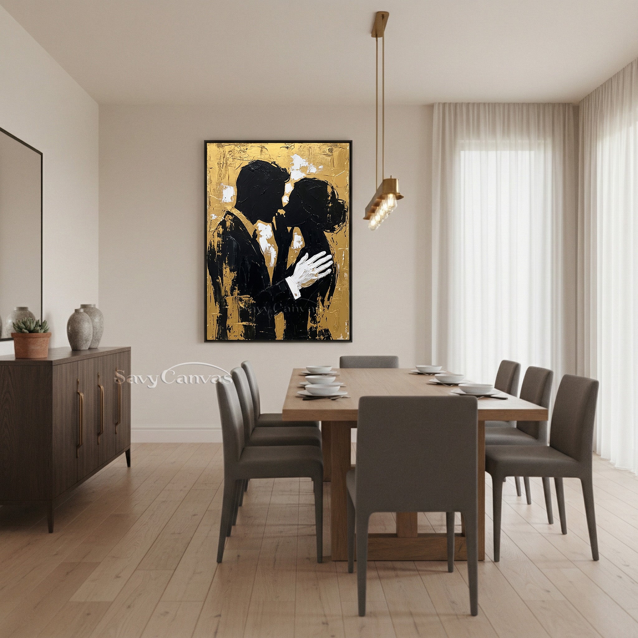 Luxury Gold Leaf Couple Silhouette Oil Painting | Handmade Wall Art #SS 092