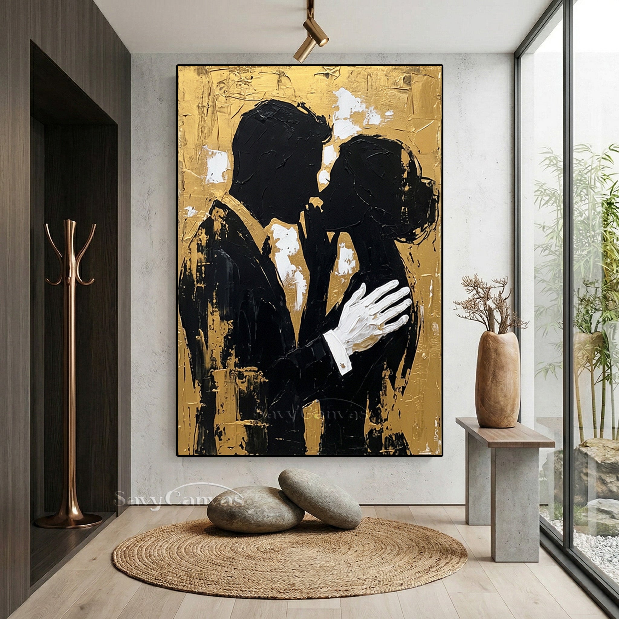 Luxury Gold Leaf Couple Silhouette Oil Painting | Handmade Wall Art #SS 092