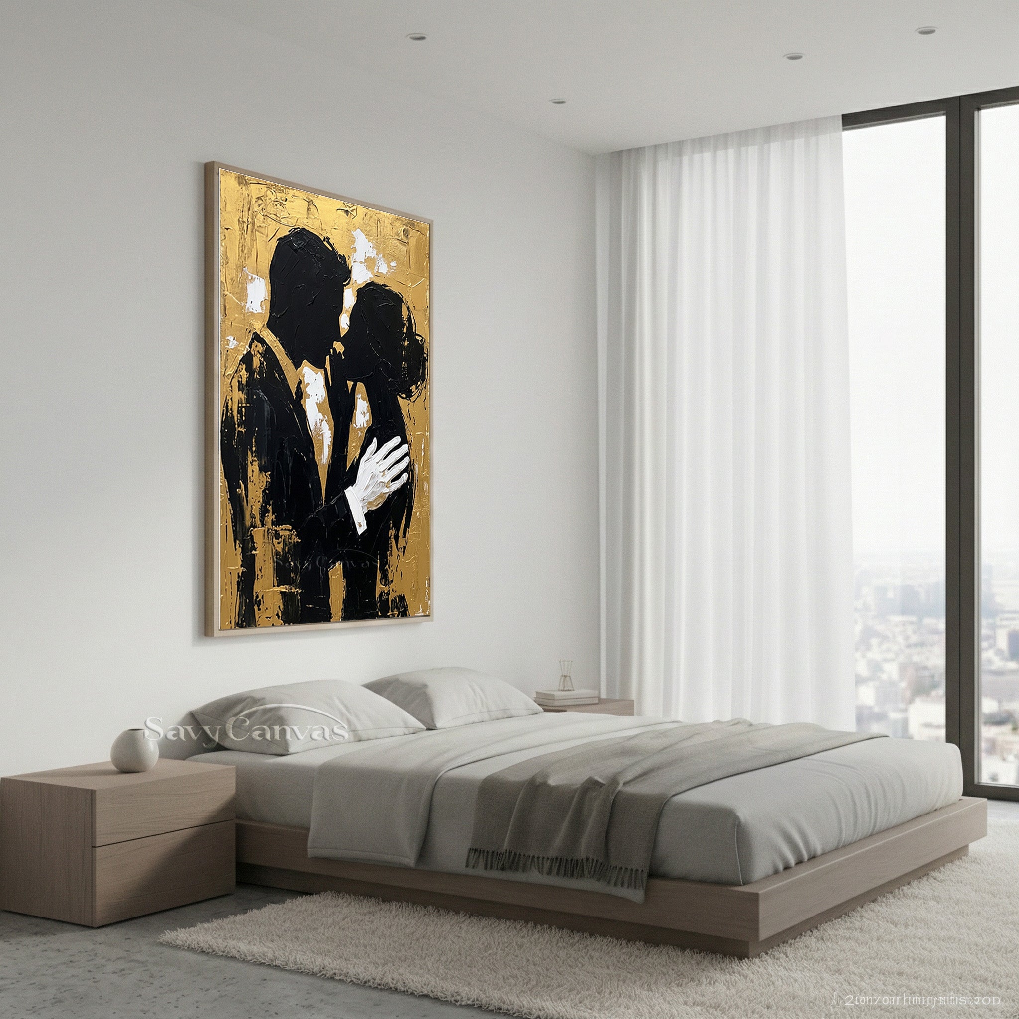 Luxury Gold Leaf Couple Silhouette Oil Painting | Handmade Wall Art #SS 092