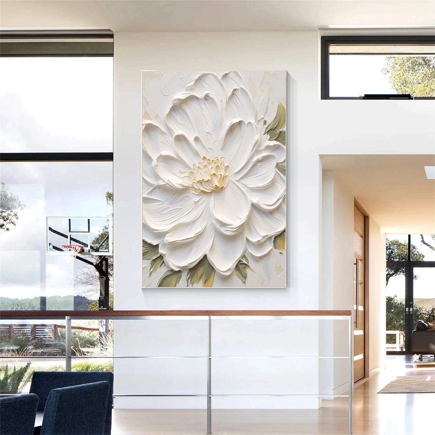 Textured White Floral Oil Painting  Modern Floral Canvas for Decor #JJ 305