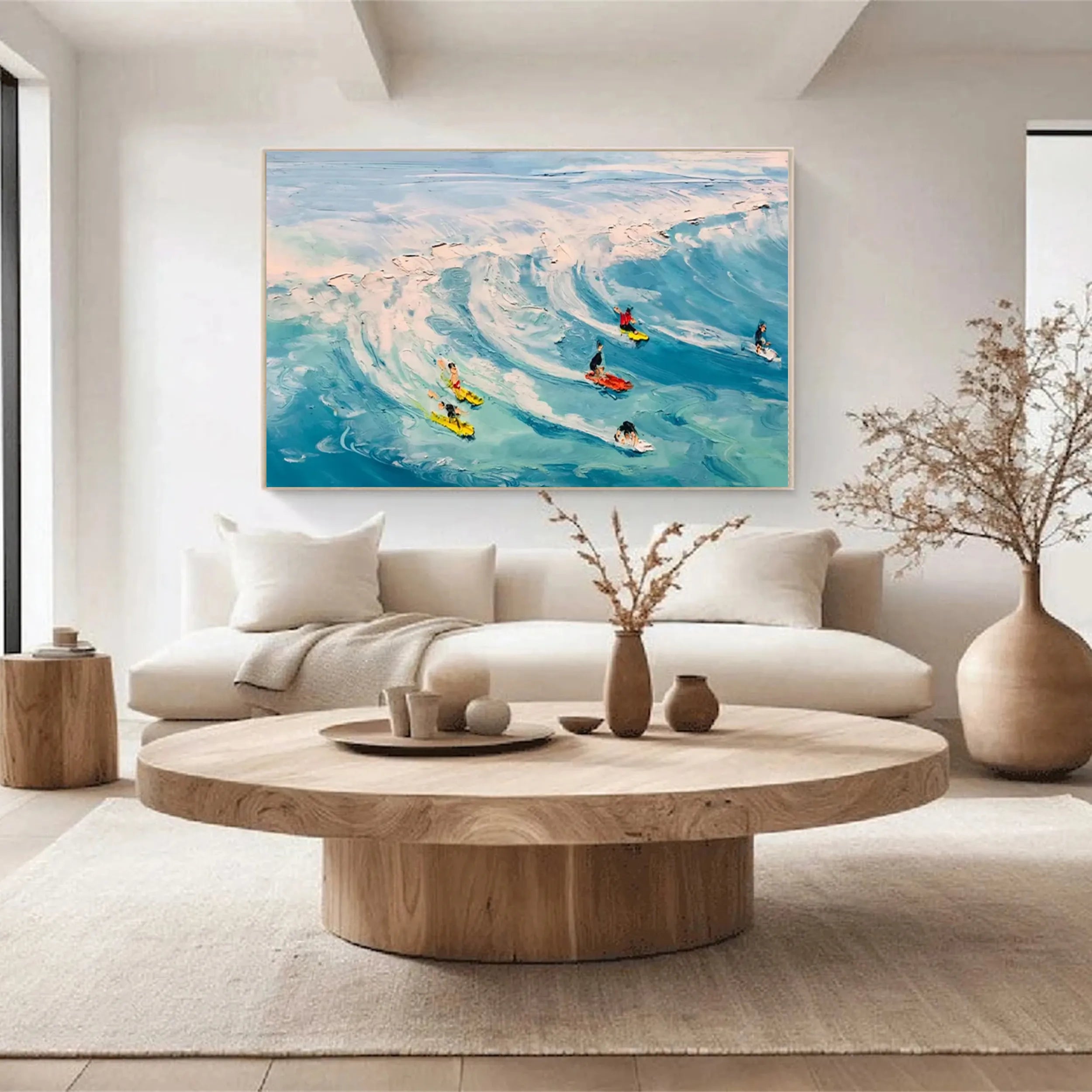 Textured Seascape Oil Painting - Light Blue Beige Art Deco #JJ 190