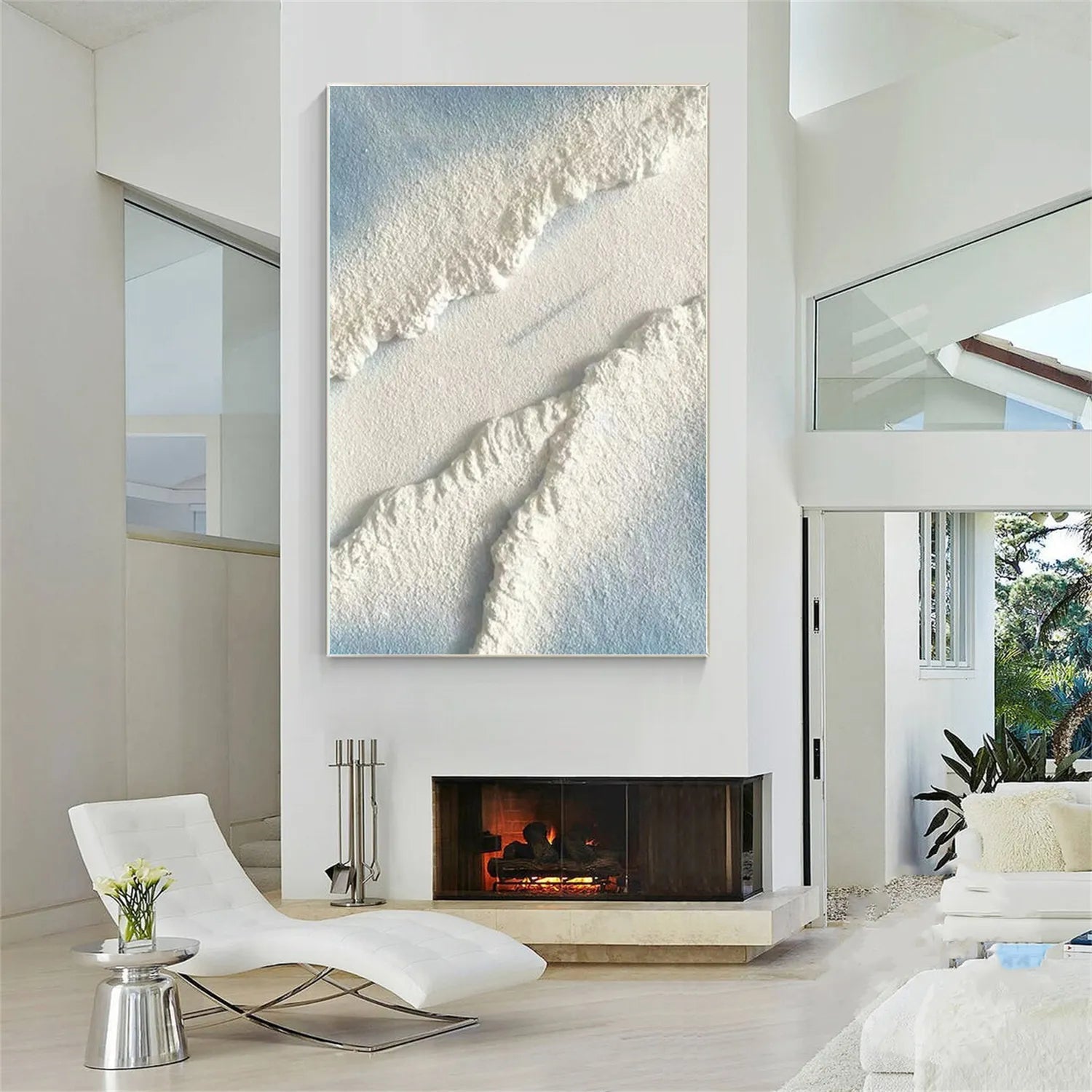 Blue and White Textured Beach Abstract Oil Painting - Modern Serene Art # JJ 125