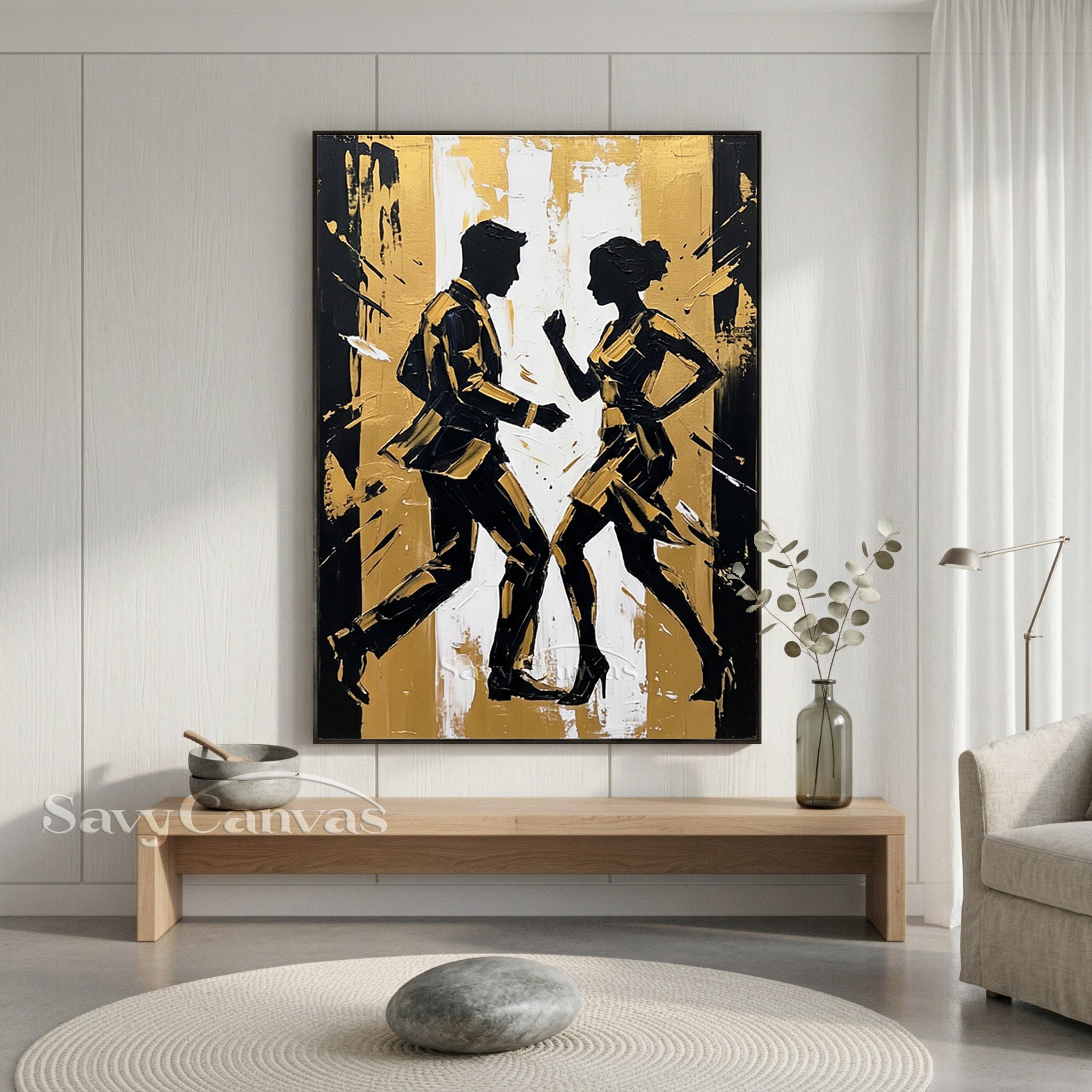 Modern Gold Leaf Silhouette Dancing Couple Handmade Oil Painting #SS 093
