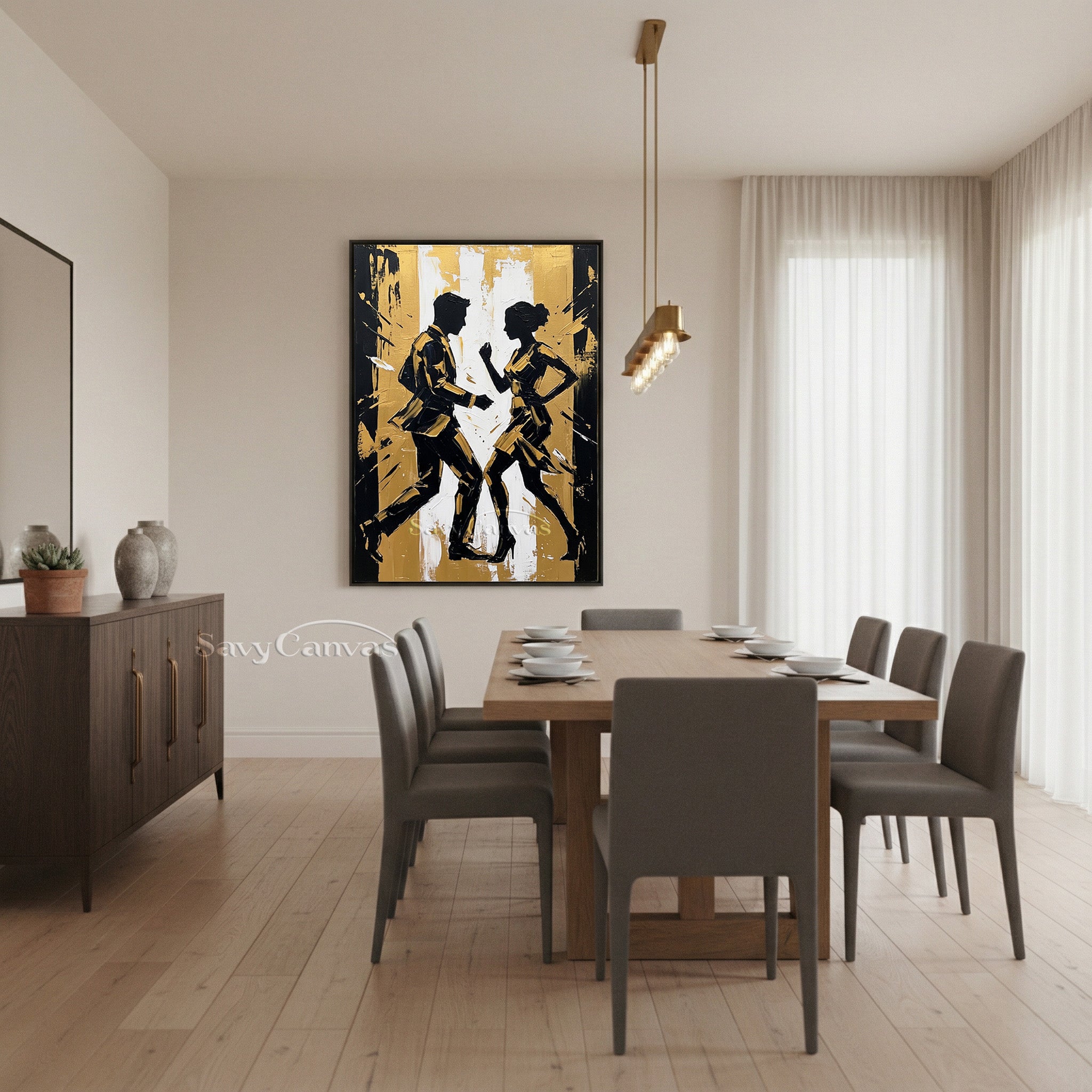 Modern Gold Leaf Silhouette Dancing Couple Handmade Oil Painting #SS 093