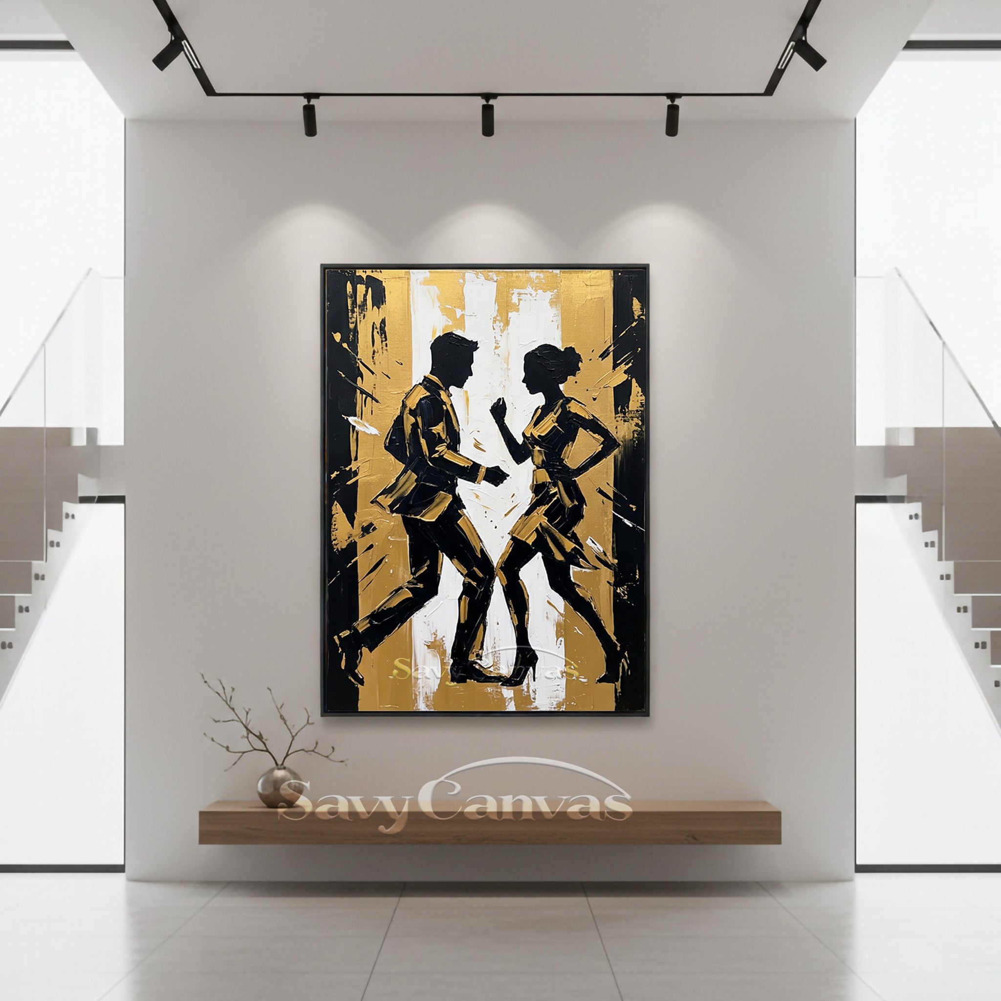 Modern Gold Leaf Silhouette Dancing Couple Handmade Oil Painting #SS 093