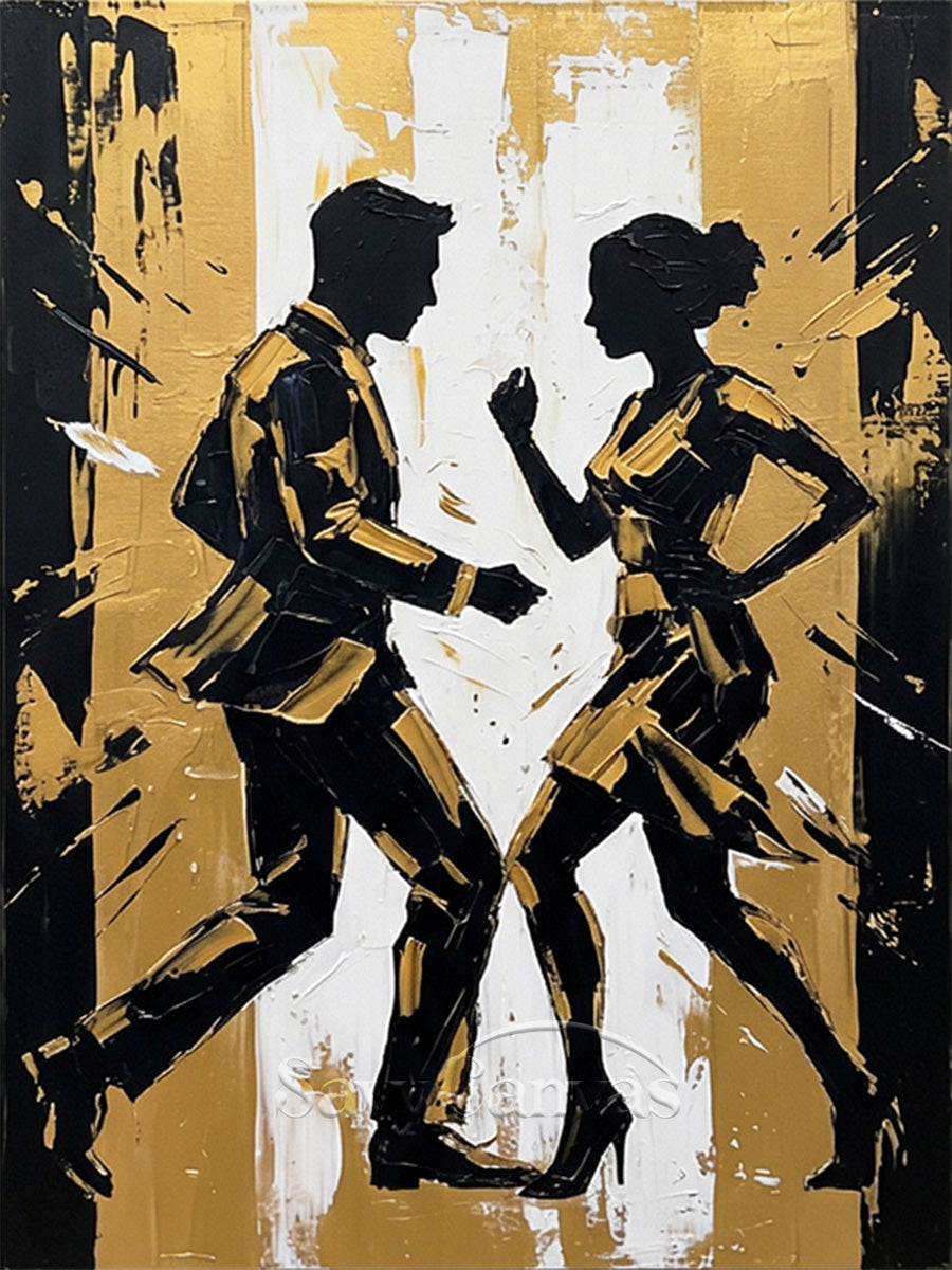 Textured Palette Knife Painting - Gold Dancing Couple Silhouette Art