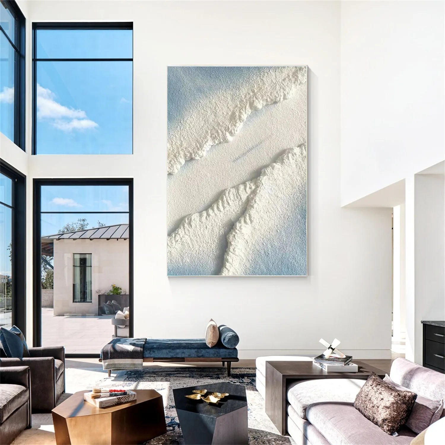 Blue and White Textured Beach Abstract Oil Painting - Modern Serene Art #JJ 125