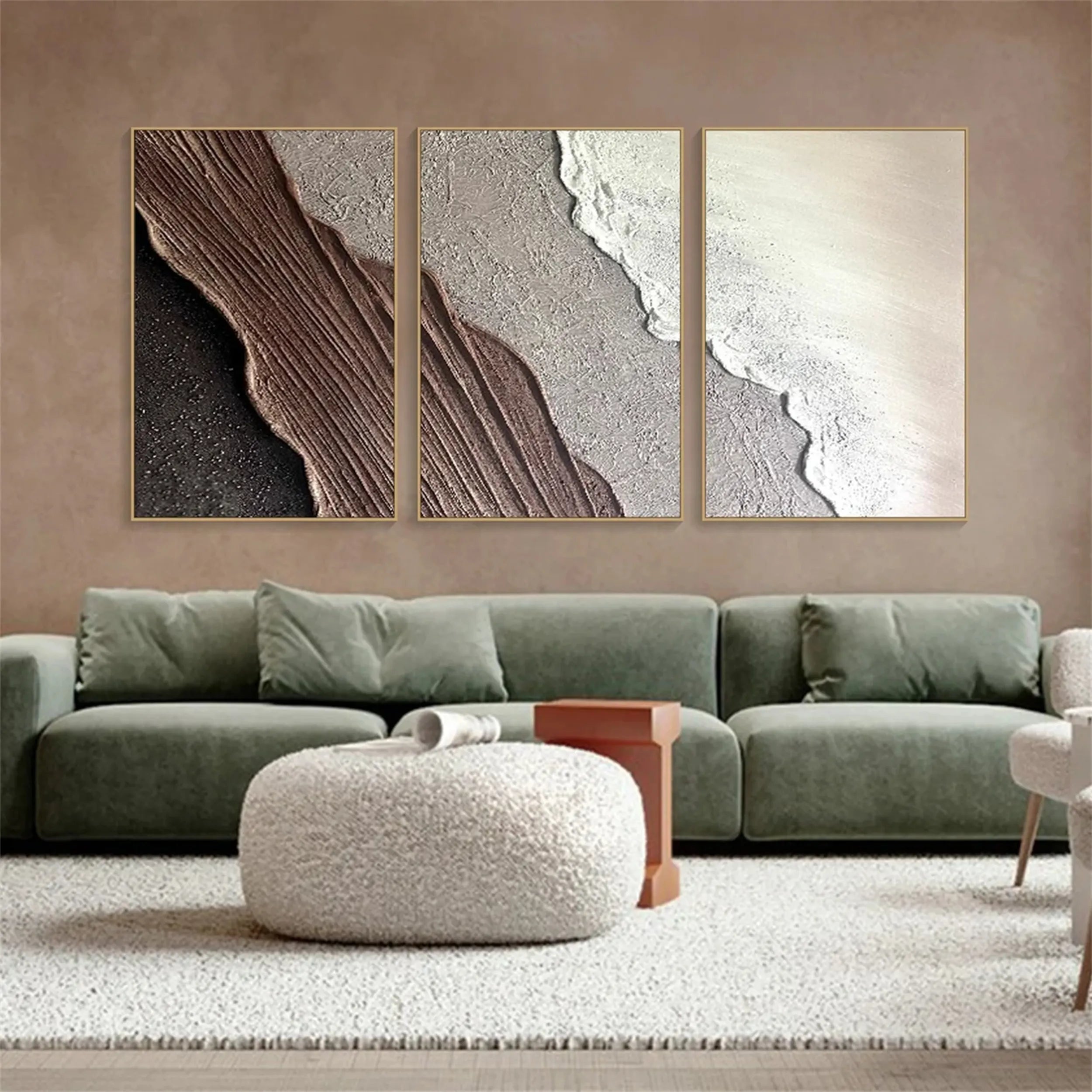 Large Wall Art Set of 3 Beach Art -Abstract Texture Brown Sea Oil Painting #JJ 283
