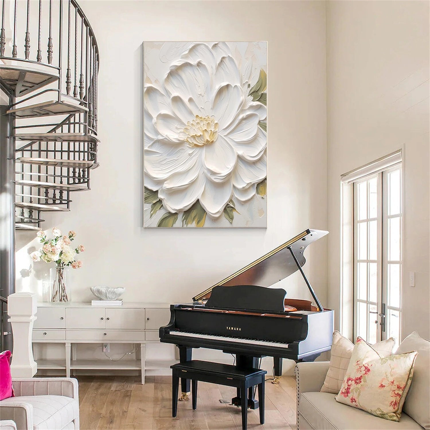 Textured White Floral Oil Painting  Modern Floral Canvas for Decor #JJ 305