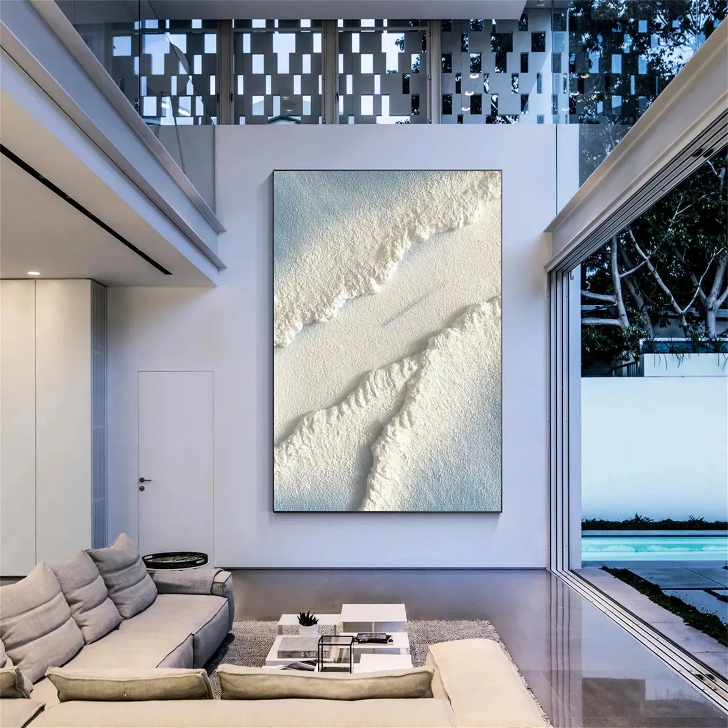 Blue and White Textured Beach Abstract Oil Painting - Modern Serene Art #JJ 125