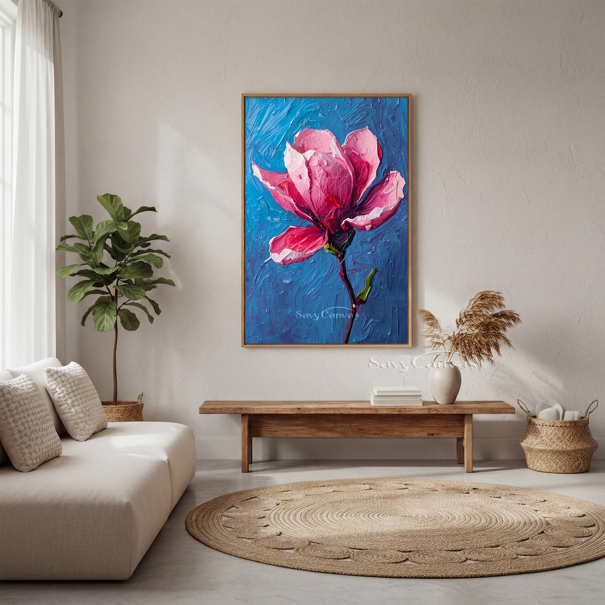 Modern Floral Oil Painting on Canvas | Pink Magnolia Wall Decor #SS 168
