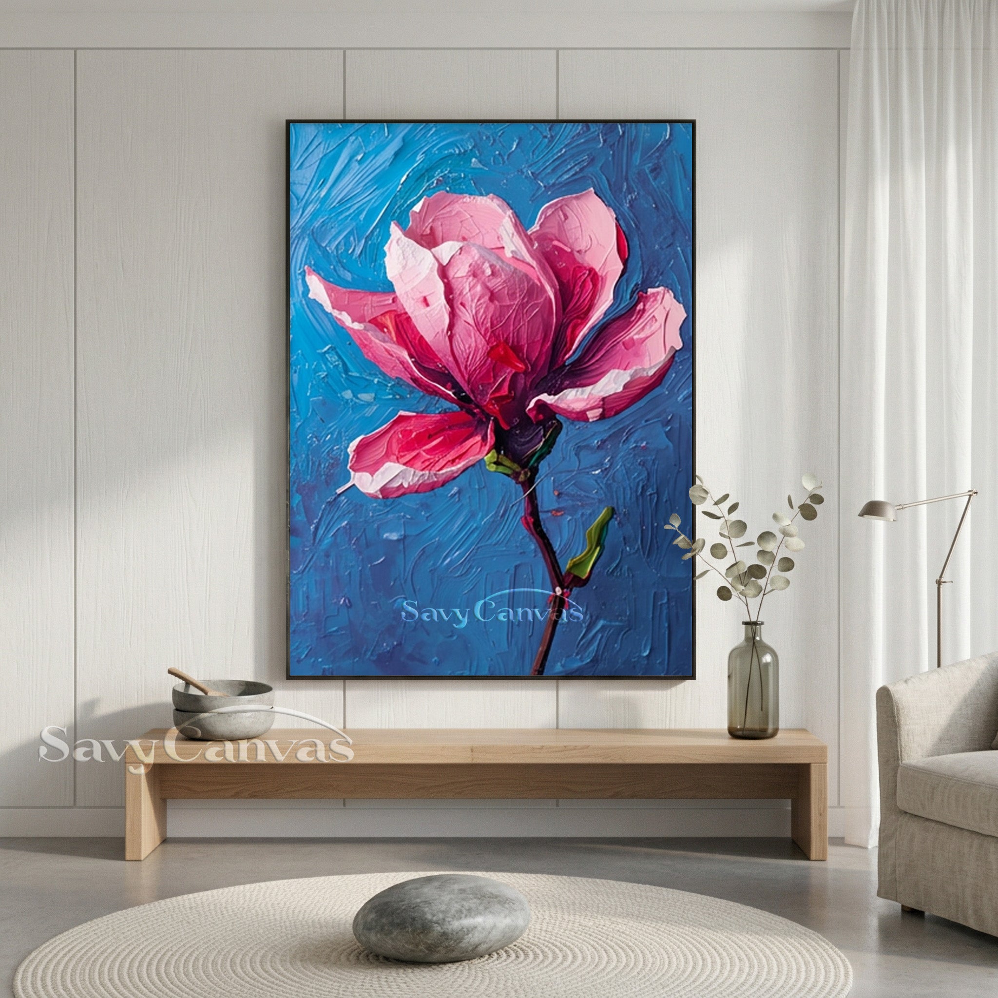 Modern Floral Oil Painting on Canvas | Pink Magnolia Wall Decor #SS 168