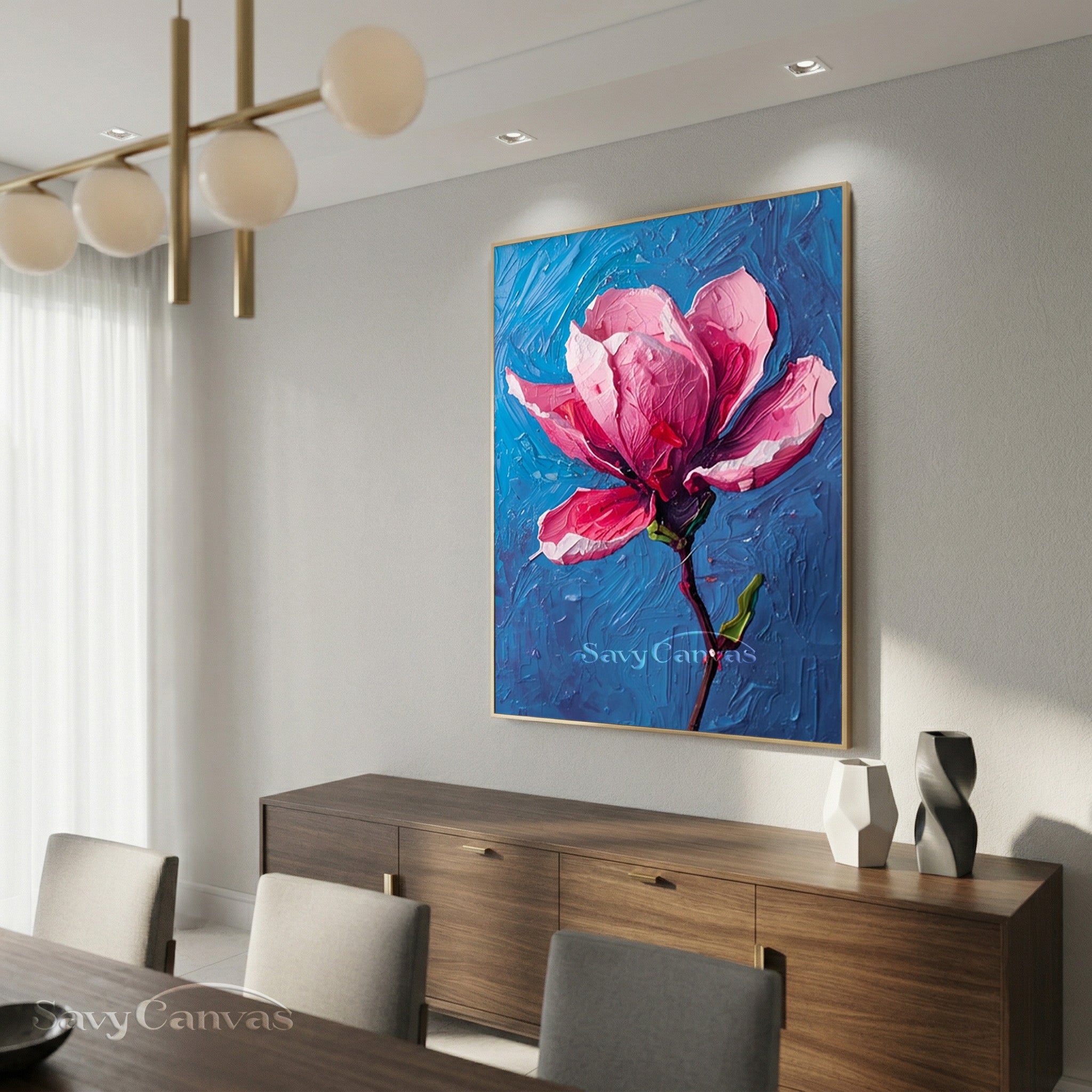 Modern Floral Oil Painting on Canvas | Pink Magnolia Wall Decor #SS 168