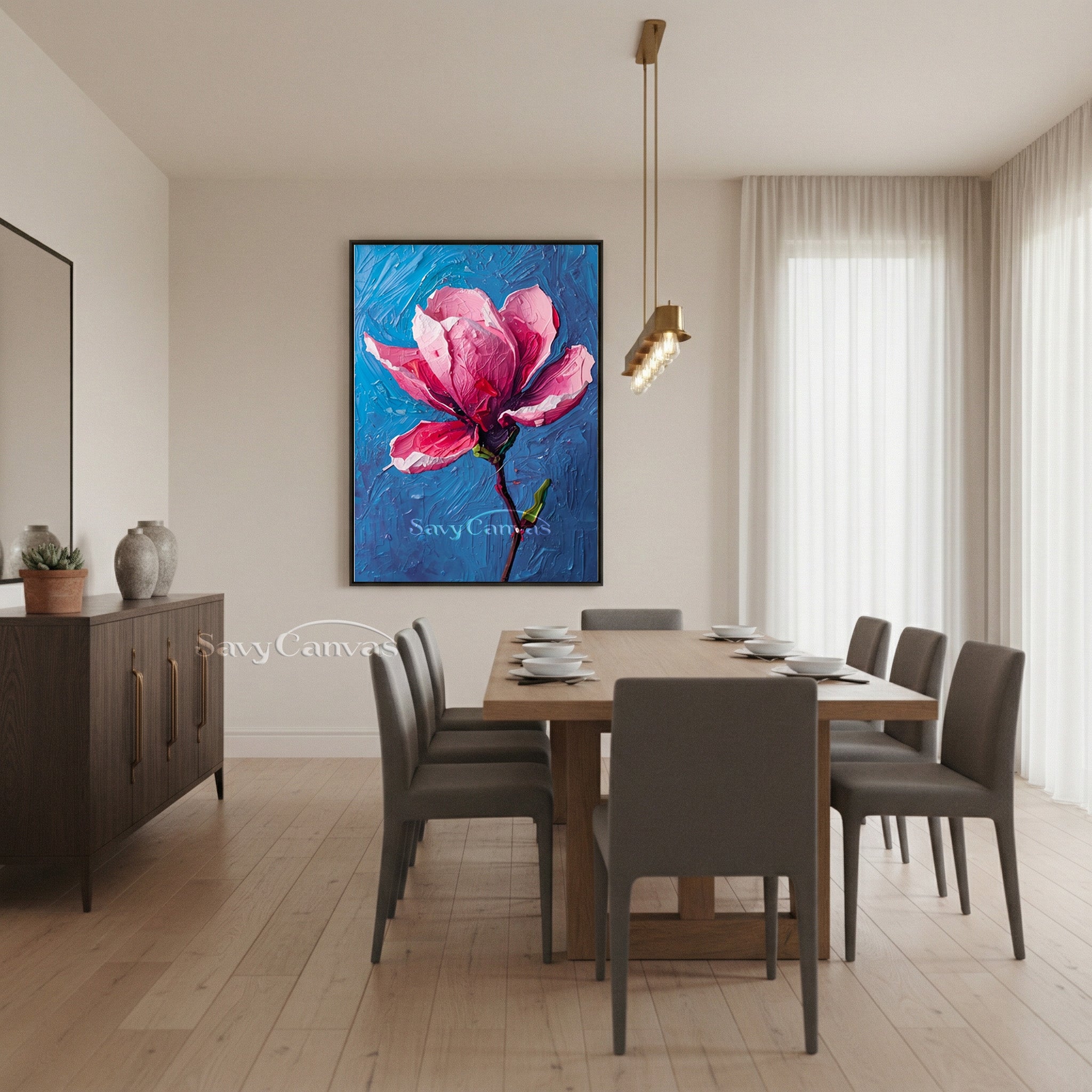 Modern Floral Oil Painting on Canvas | Pink Magnolia Wall Decor #SS 168