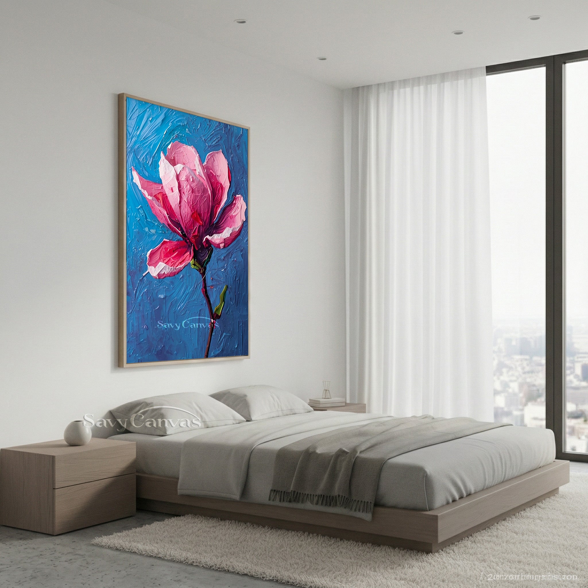 Modern Floral Oil Painting on Canvas | Pink Magnolia Wall Decor #SS 168