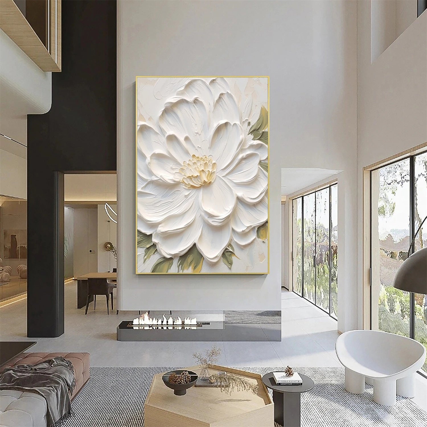 Textured White Floral Oil Painting  Modern Floral Canvas for Decor #JJ 305