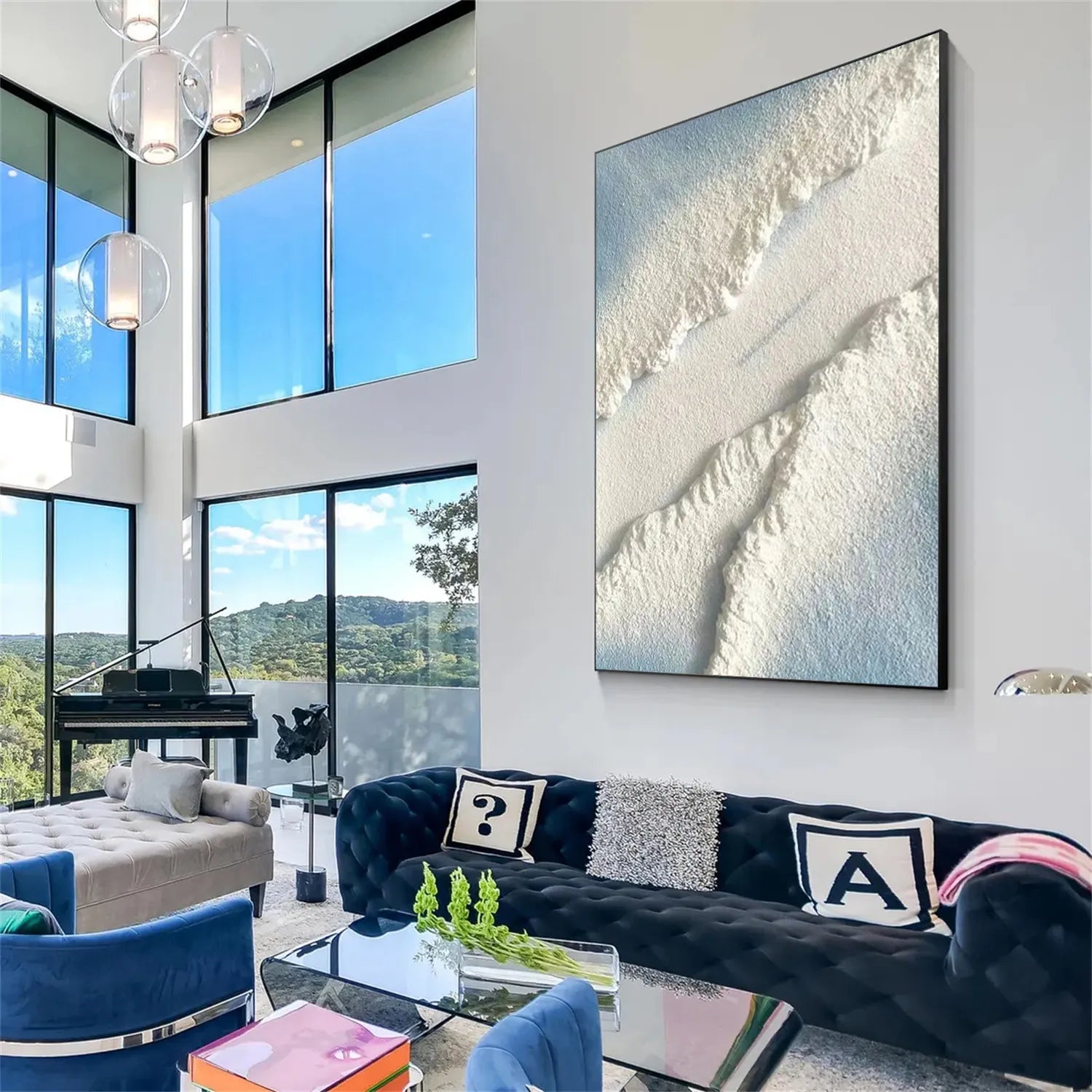 Blue and White Textured Beach Abstract Oil Painting - Modern Serene Art #JJ 125