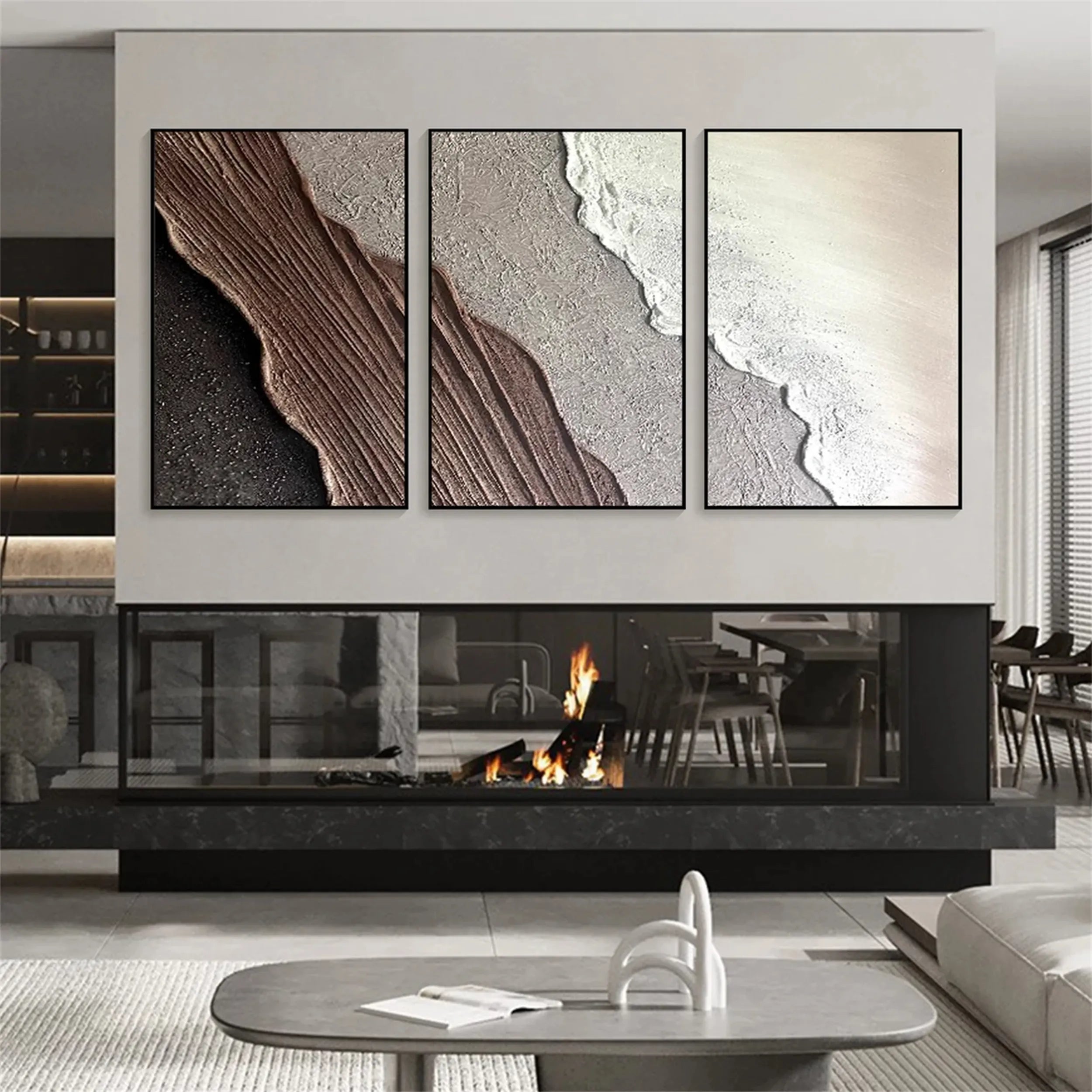 Large Wall Art Set of 3 Beach Art -Abstract Texture Brown Sea Oil Painting #JJ 283