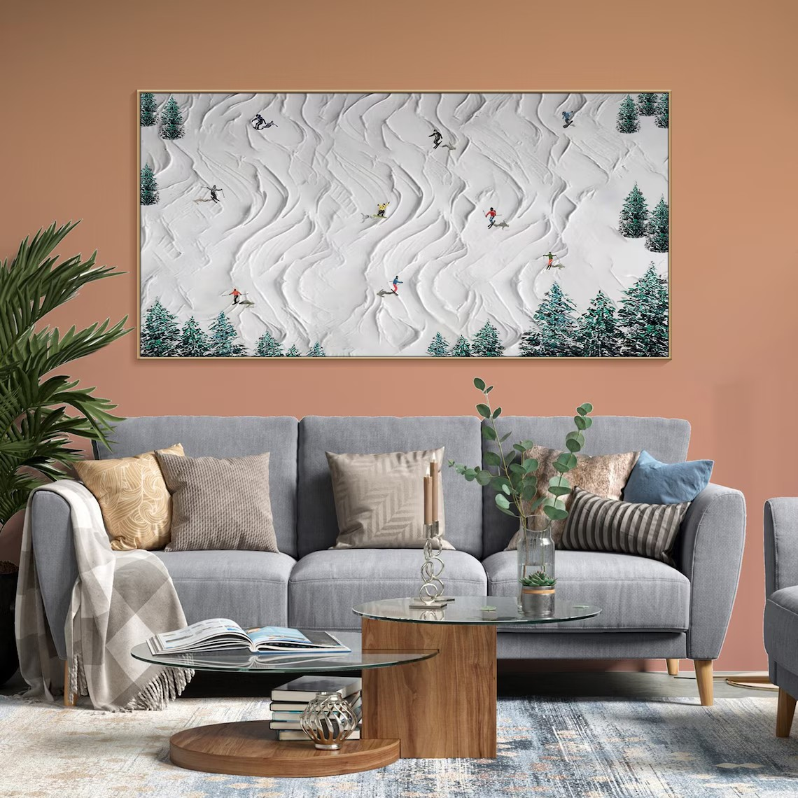 Textured Skiing Art Painting- Handmade Winter Sport Scene #TC 096