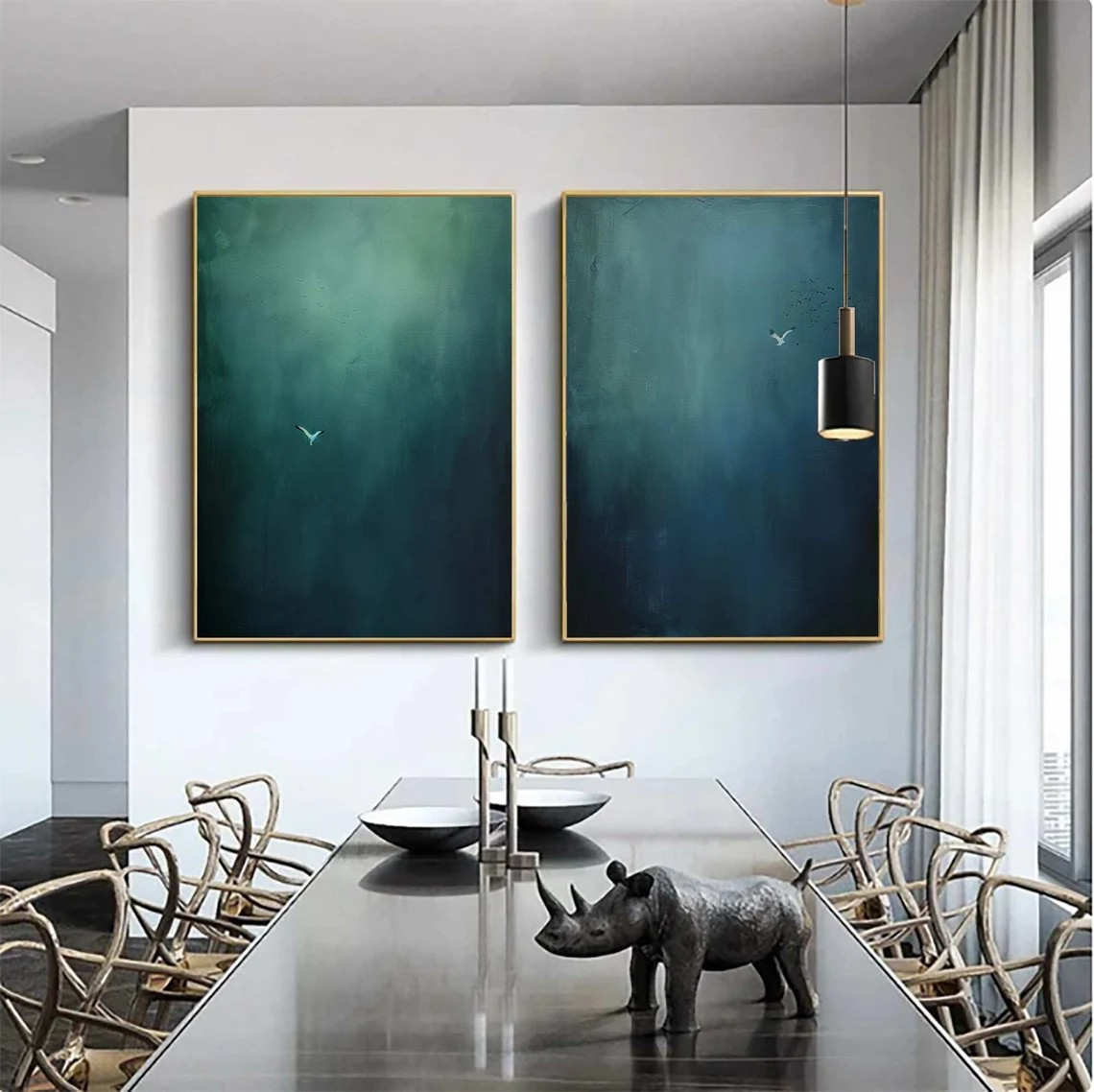 Large Abstract Oil Painting Diptych Hand-Painted Blue Green Sky/Ocean Art | # TC 010