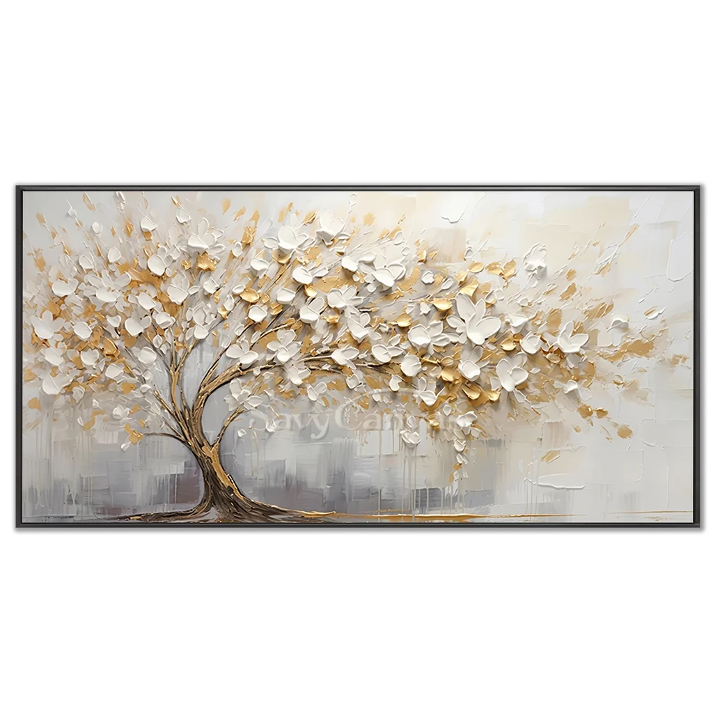 3D Blossom Tree Painting, Handmade White Gold Canvas Artwork #TC 069