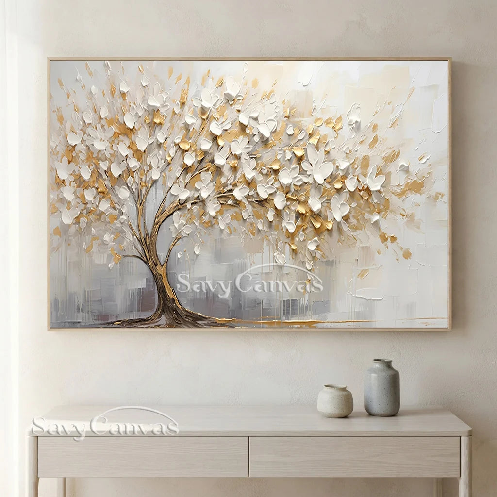 3D Blossom Tree Painting, Handmade White Gold Canvas Artwork #TC 069