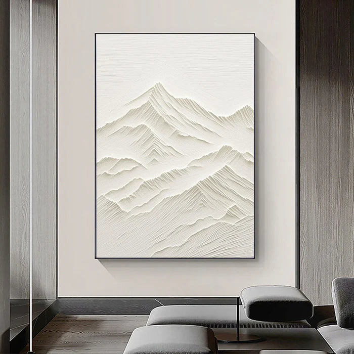 Hand-Textured White Abstract Mountain Painting - Modern Plaster Art #JJ 355