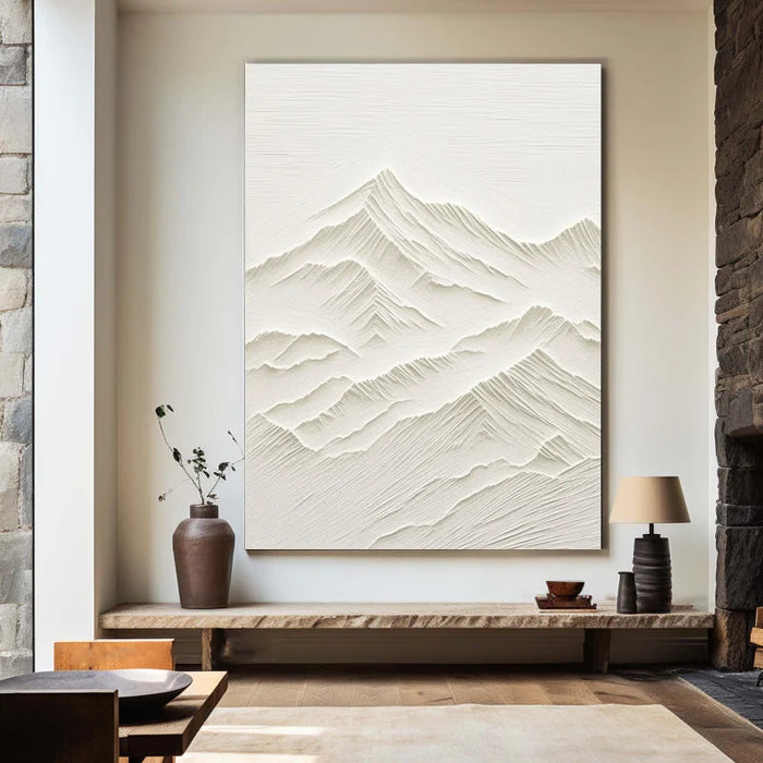 Hand-Textured White Abstract Mountain Painting - Modern Plaster Art #JJ 355