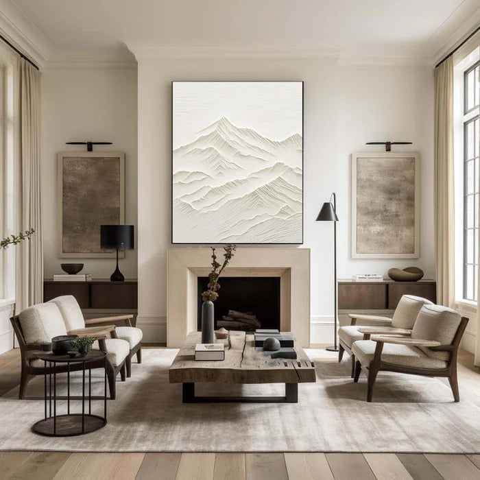 Hand-Textured White Abstract Mountain Painting - Modern Plaster Art #JJ 355